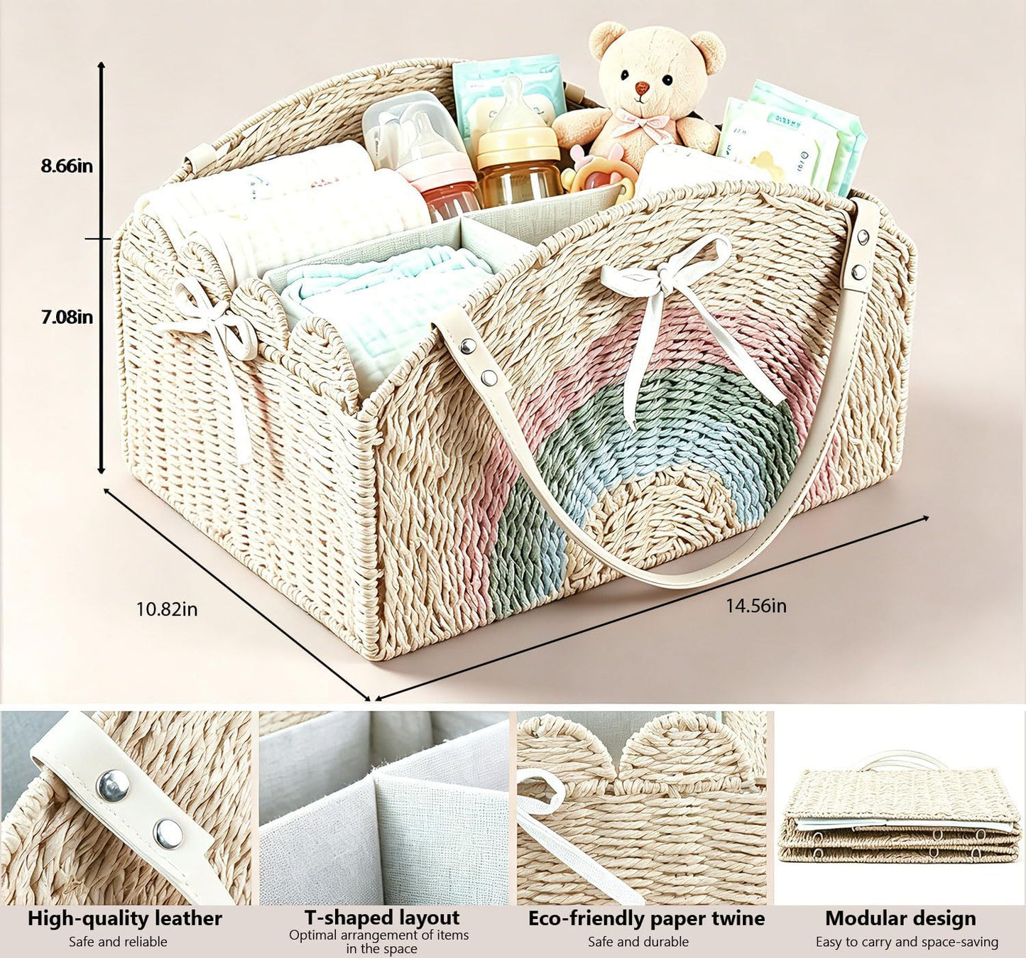 Large Baby Diaper Caddy, Paper Rope Storage Baskets Nursery Bin with Removable Divider, Portable Car Organizer for Diapers, Baby Shower Gifts, Newborn Essentials Must Haves (Light beige)