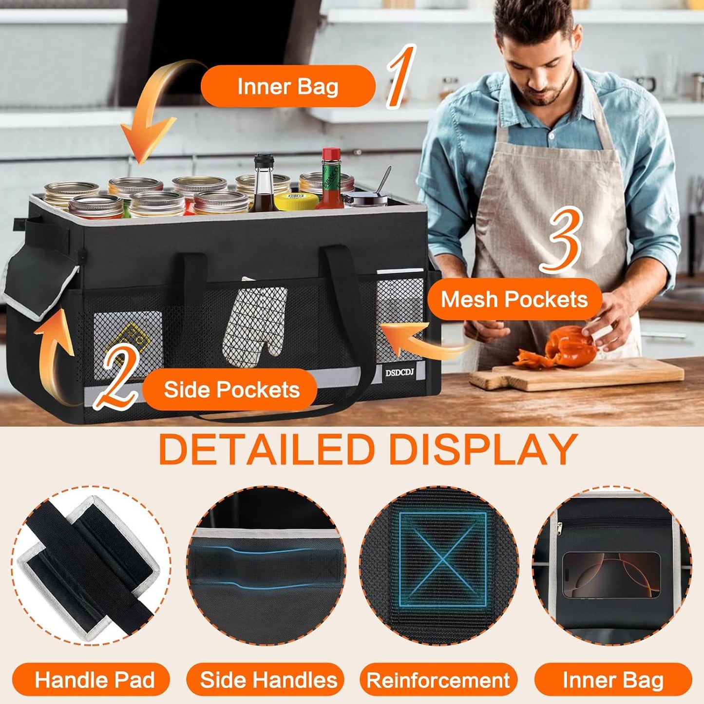 Upgrade Extra Large Utility Tote Bag with Reflective Strip, Standing Reusable Grocery Bags with Hard Bottom & 4 Sided Reinforced, Collapsible Utility Tote with Handles for Shopping, Beach, Car | Upgrade