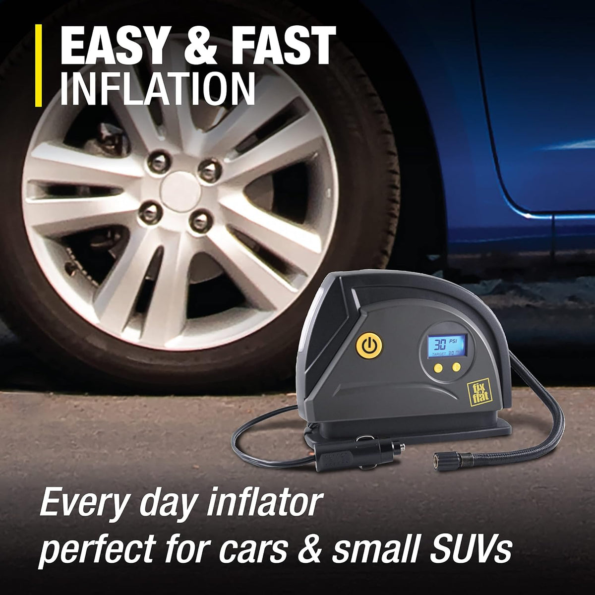 Fix-a-Flat S40074 Tire Inflator, Portable Car Air Compressor, Inflate Right automatic shut off, with Digital 99 psi Display, Long Hose and LED Light, 12V, 6 min inflation