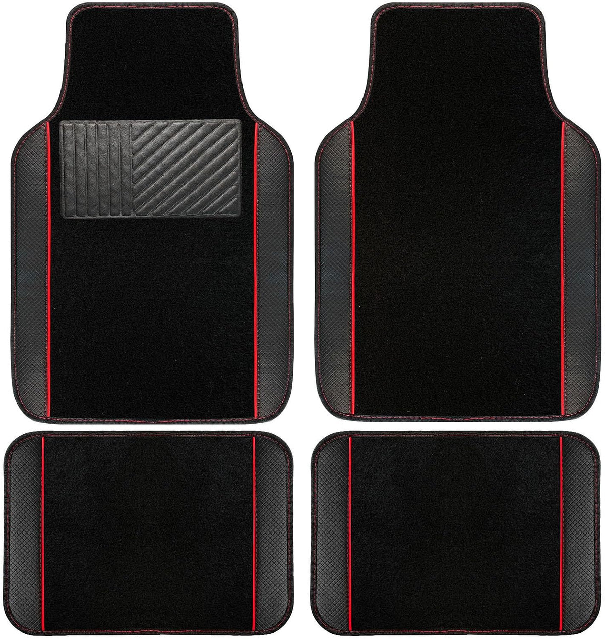 NBTEPEM Waterproof Universal Fit Car Floor Mats, Faux Leather Sporty Car Carpet Mats with Anti-Slip Nibbs Backing & Driver Heel Pad Fit for SUV, Vans, Sedans, Trucks, Set of 4 (Black with Red line)