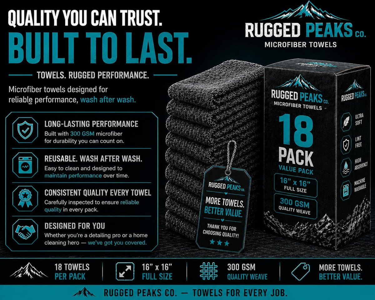 Rugged Peaks Co. 18-Pack Microfiber Towels for Cars – 300 GSM All Purpose Car Detailing Cleaning Cloths for Auto, Garage & Home, Dual Pile, 16x16 in (Gray)