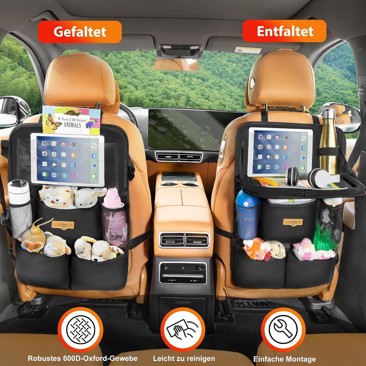 SURDOCA Backseat Car Organizer with Foldable Tray for Kids & Adults – NEW MODEL Seat Storage with Touchable Tablet Pocket, Roadtrip Essentials – Fits Most Vehicles