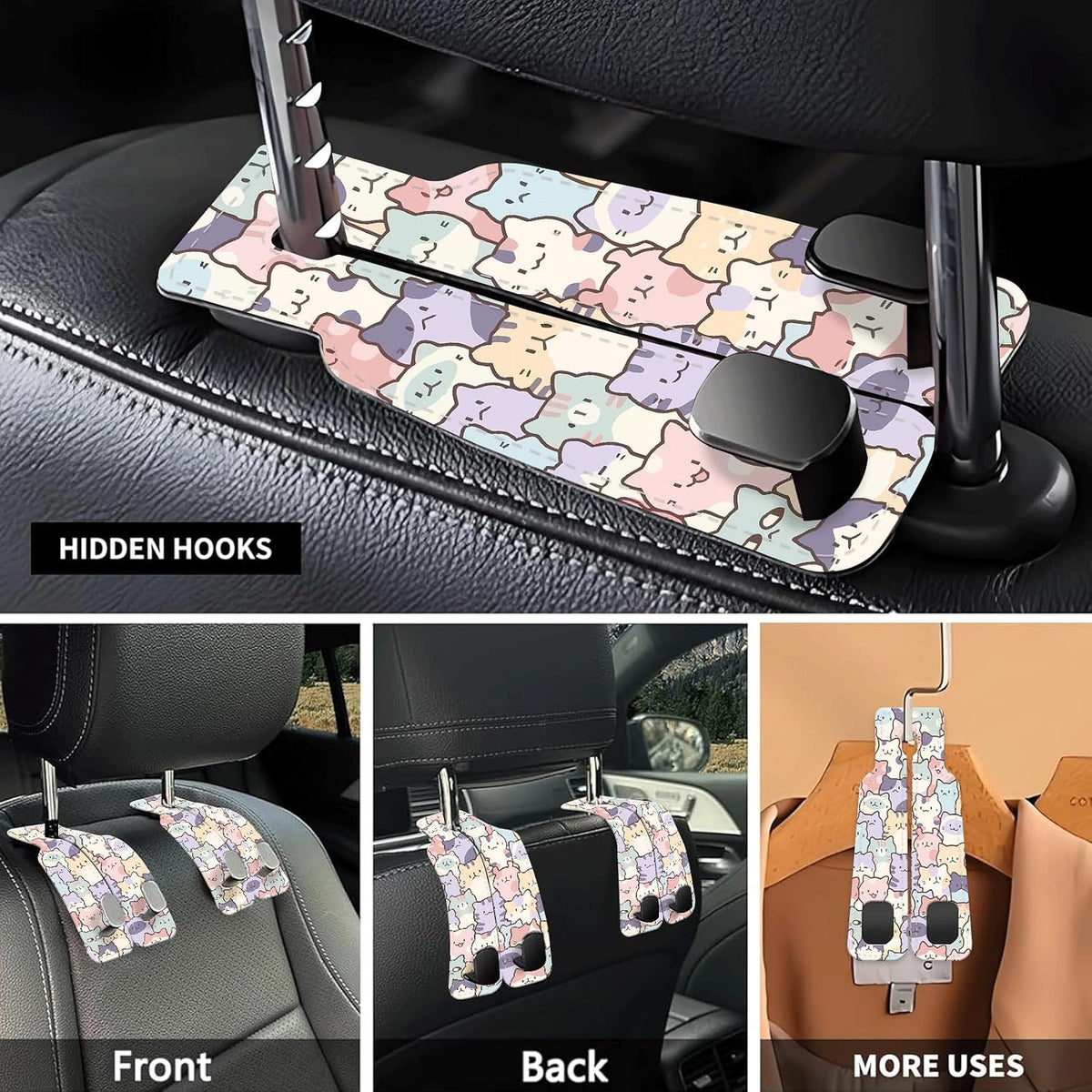 Car Seat Headrest Hook, Universal Leather Cute Hanger Holder Hook, Storage Organizer Interior Accessories for Purse Bags Handbag Cute Colorful Cats
