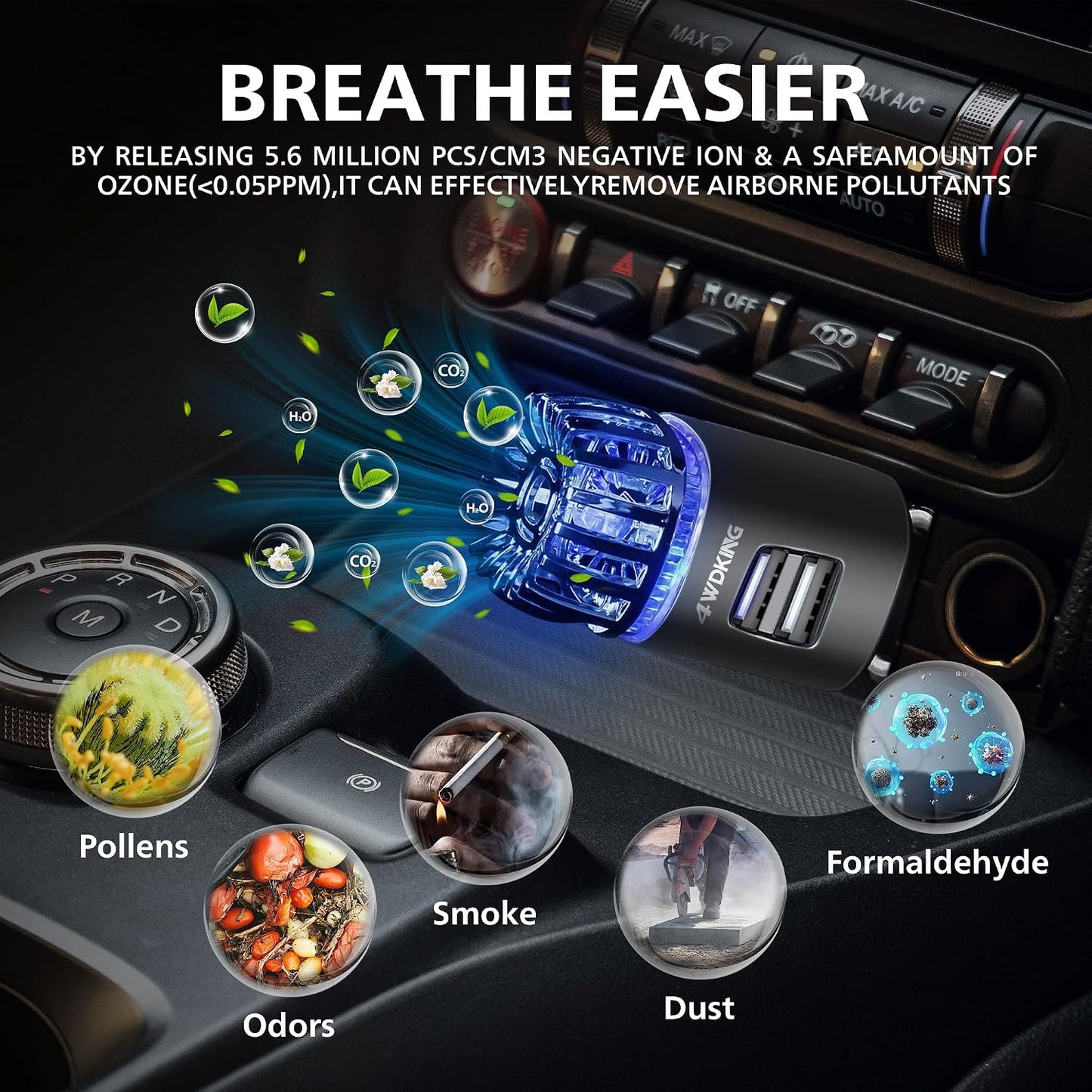 4WDKING Car Air Purifier Ionizer, 12V Plug-in Car Air Freshener Gadgets with Dual USB Charger Removes Cigarette Smoke, Pet and Food Odor, Ionic Ozone (Black)