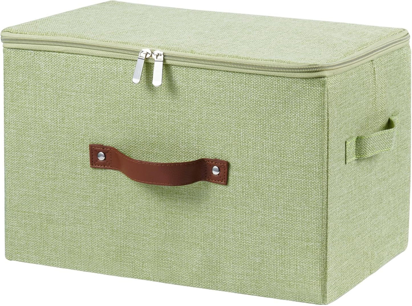 Storage Bins with Zipper Lid Cotton Linen Fabric Lidded Storage Baskets Boxes Foldable Washable Closet Shelf Clothes Organizer Container with PU Leather Handles (Teal Blue, Large)