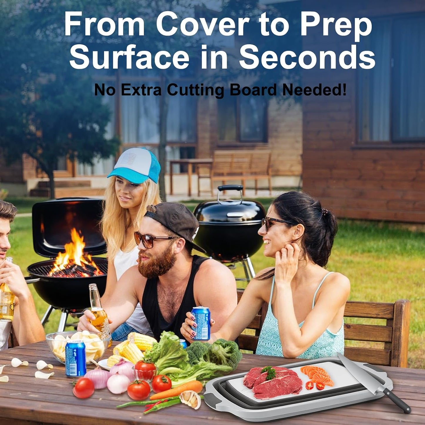 BBQ Prep Tub Collapsible with Cutting Board & Lid XXL 7.95 Gal / 66 lb Meat Marinating Basin & Barbecue Utensils - Grill Carry System - Outdoor - Gift for World Cup 2026