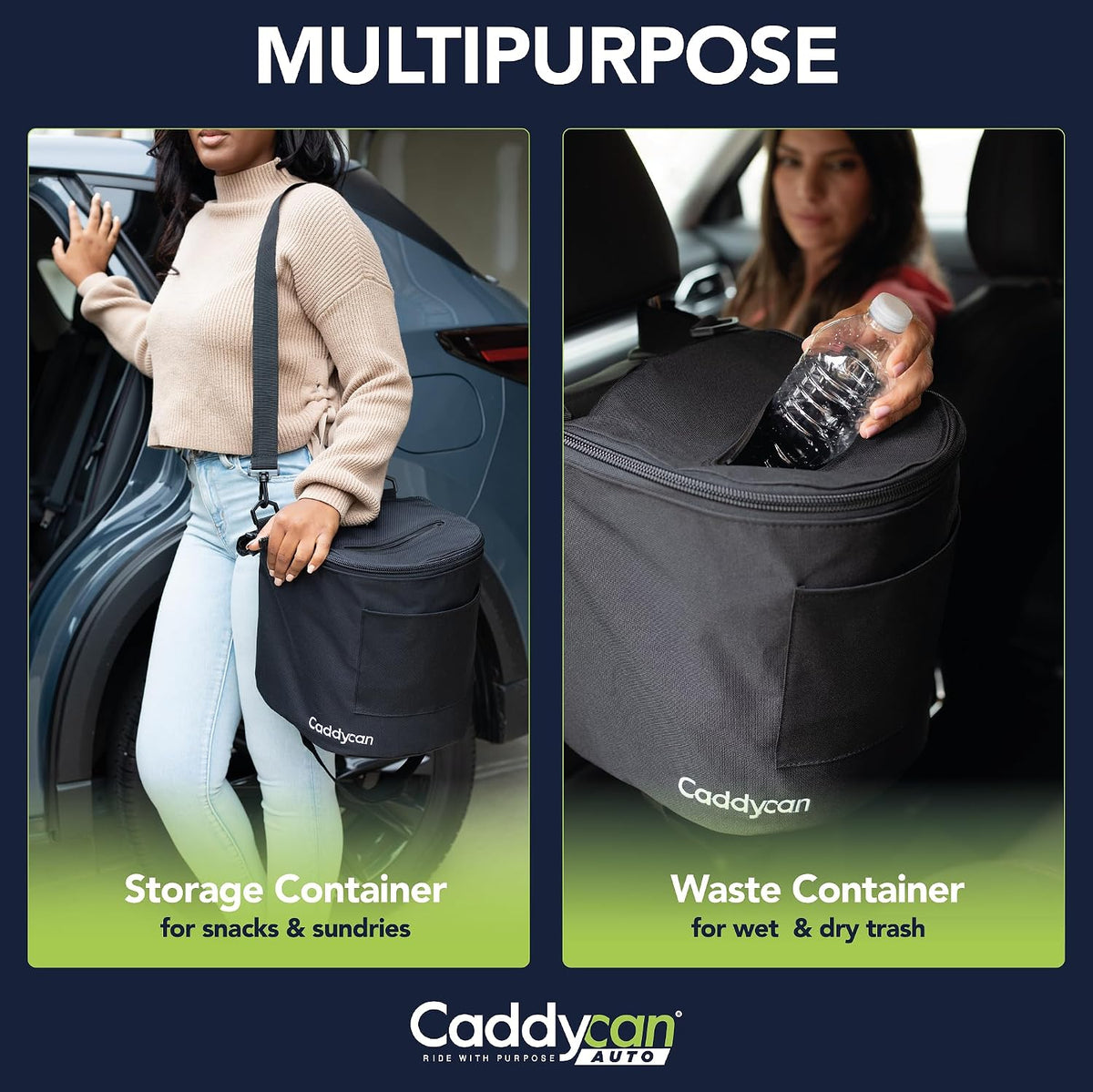 Auto - Car Trash Can with Lid | Compact, Durable Multipurpose Trash Bin and Organizer for Commuting, Adventures | Utility Pockets and 100% Leak-Proof