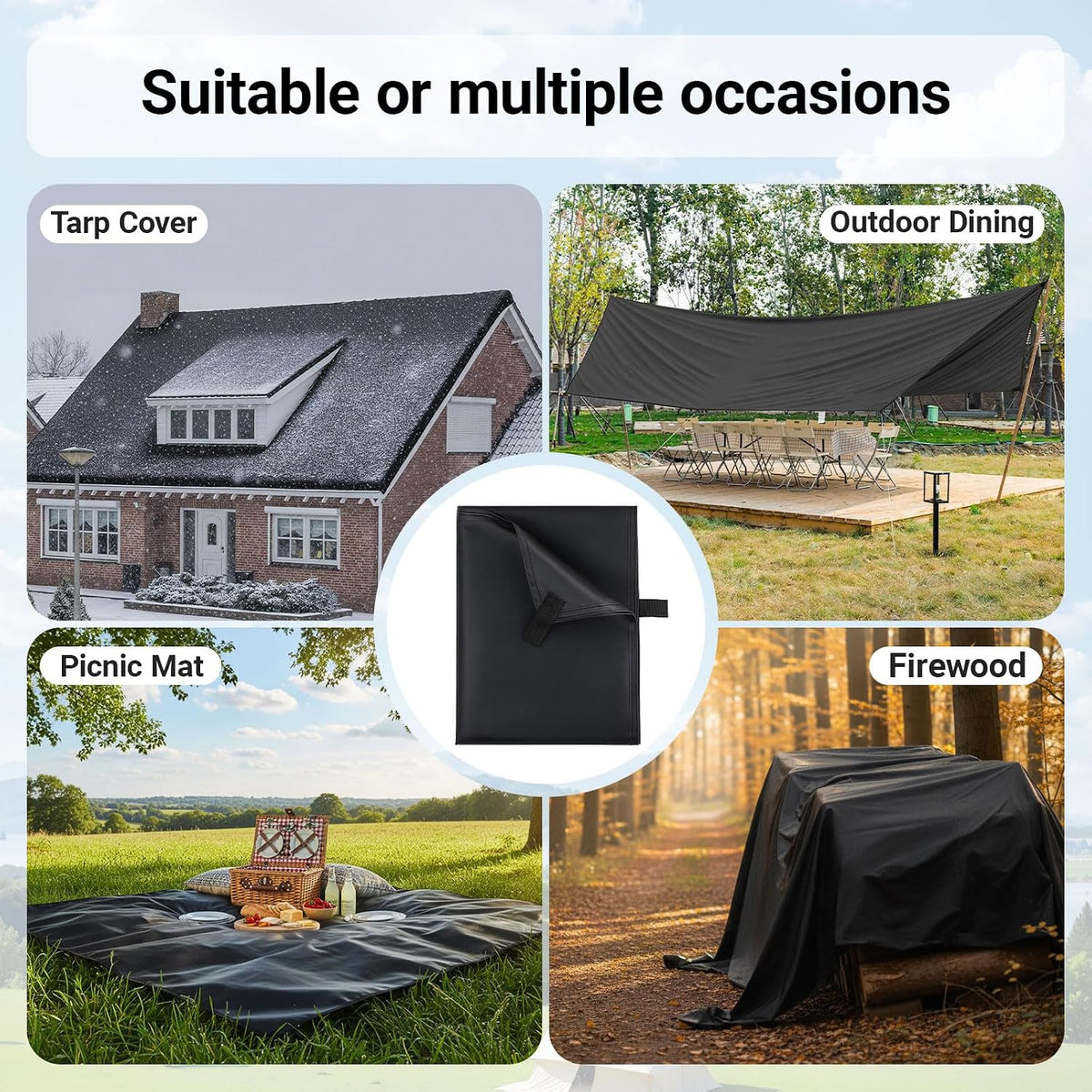 2 Pack 8x12 ft Black Heavy-Duty Waterproof Tarps - Oxford Fabric Tarpaulin with Reinforced Webbing Loops for Firewood, Roof, Camping, Pool, Boat & Outdoor Covers