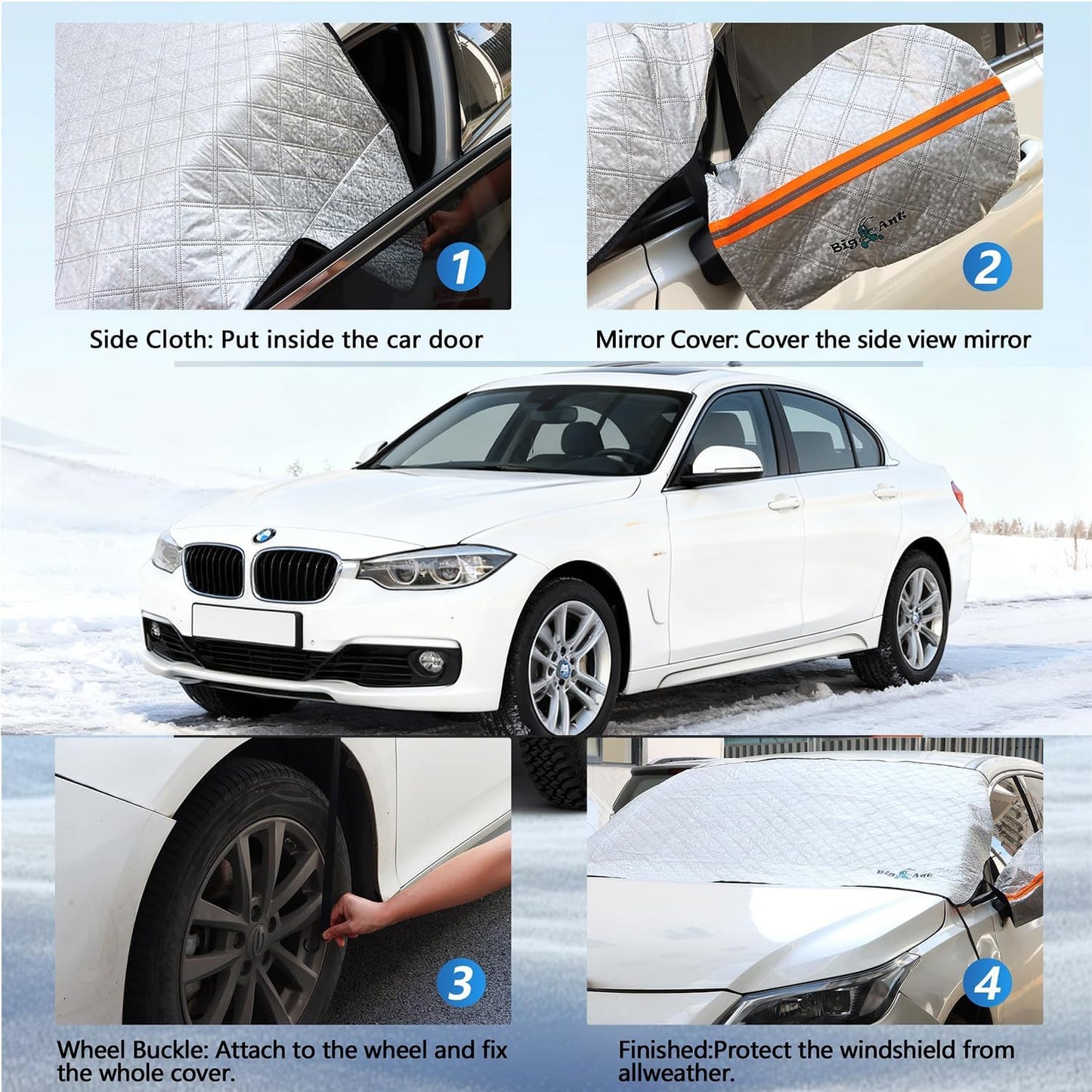 Big Ant Windshield Cover for Ice and Snow Sunshade- Universal Windshield Cover Fit for Car, SUV, Truck, Winter Frost Protector for Ice & Snow, Includes 2 Side Mirror Covers, XL White