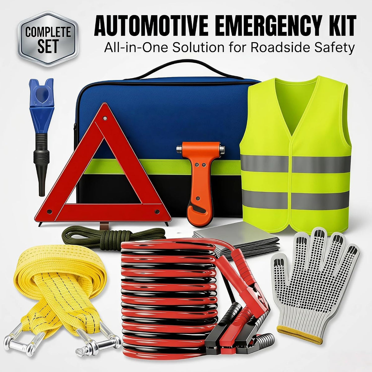 Car Roadside Emergency Kit with Jumper Cables & Tow Rope