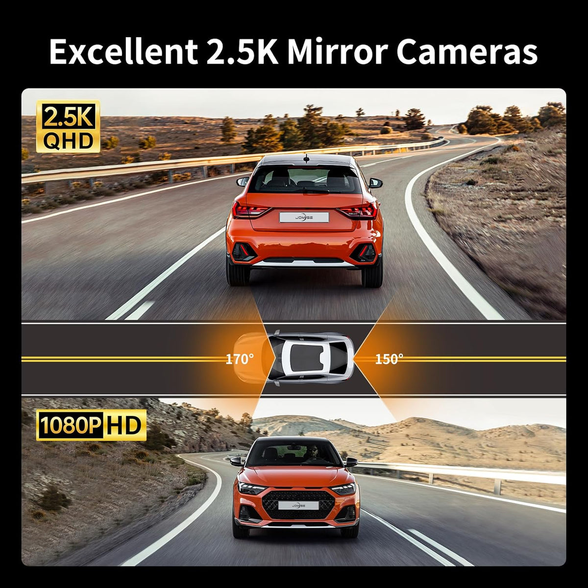 2.5K Mirror Dash Cam with CarPlay Mirror & Android Auto, Dash Cam Front and Rear with Zoom Function,12 inches Rear View Mirror Camera with Voice Control/BT Call/64GB Card Included-JOMISE K17 Pro