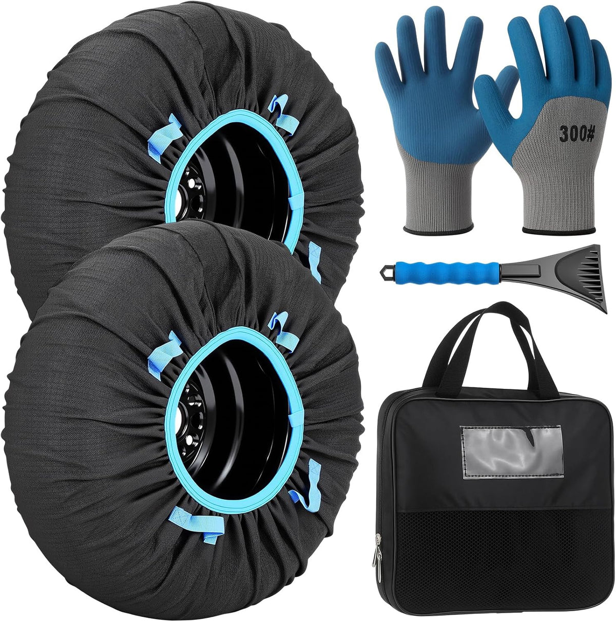 Canchiing 2 Pack Automotive Snow Socks for Tire, Traction Aid Anti Slip Tire Covers Chain with Ice Scraper Gloves, Universal Emergency Winter Kit for Cars Suvs Trucks Quick Fit Easy Installation (XL)