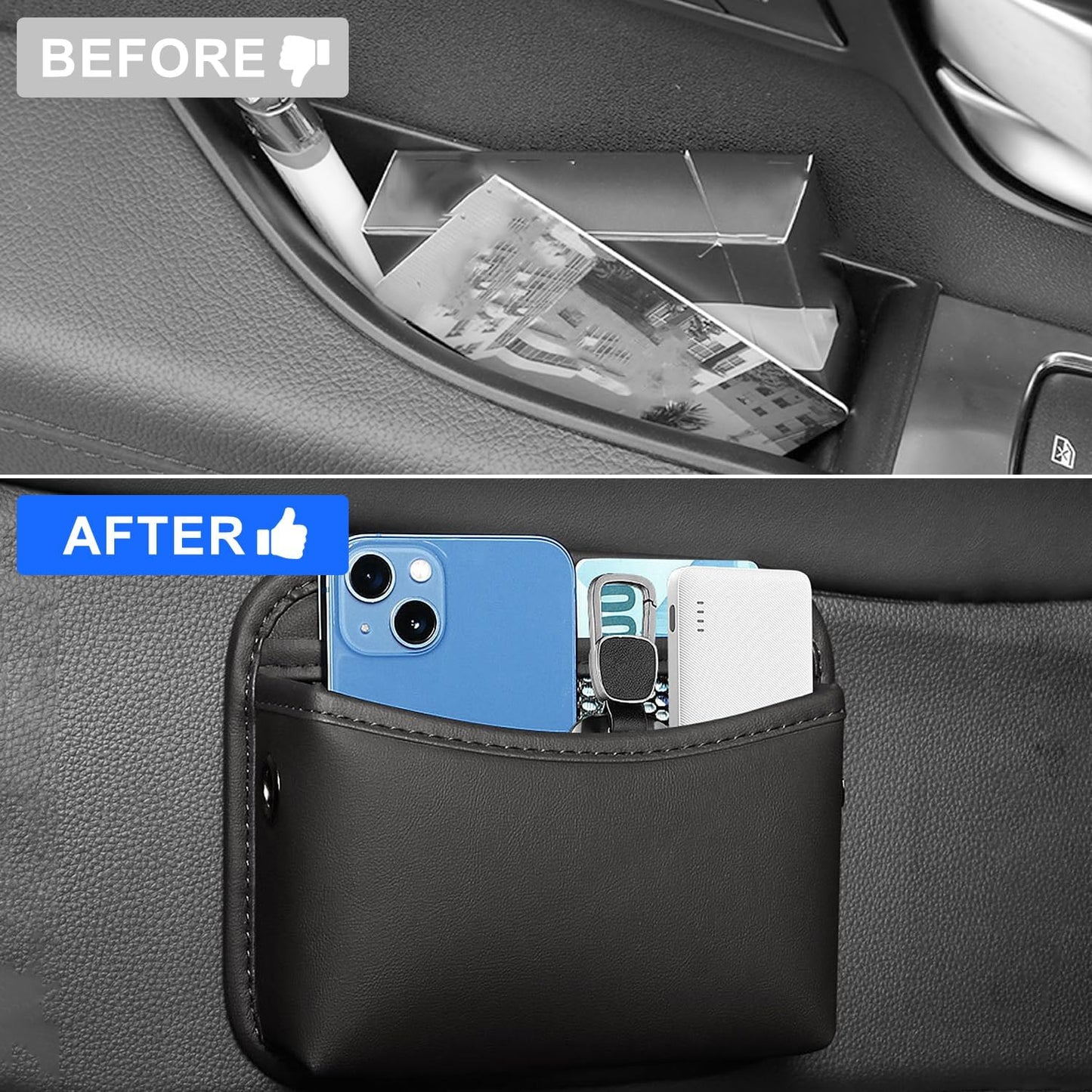 2Pcs Car Side Pocket Organizer, Universal Leather Mini Storage Bag for Cell Phone, Wallet, Key, Glasses, Multifunctional Car Organizer Accessories for Car Seat, Door, Window, Console, 7*4.3*2.2inch