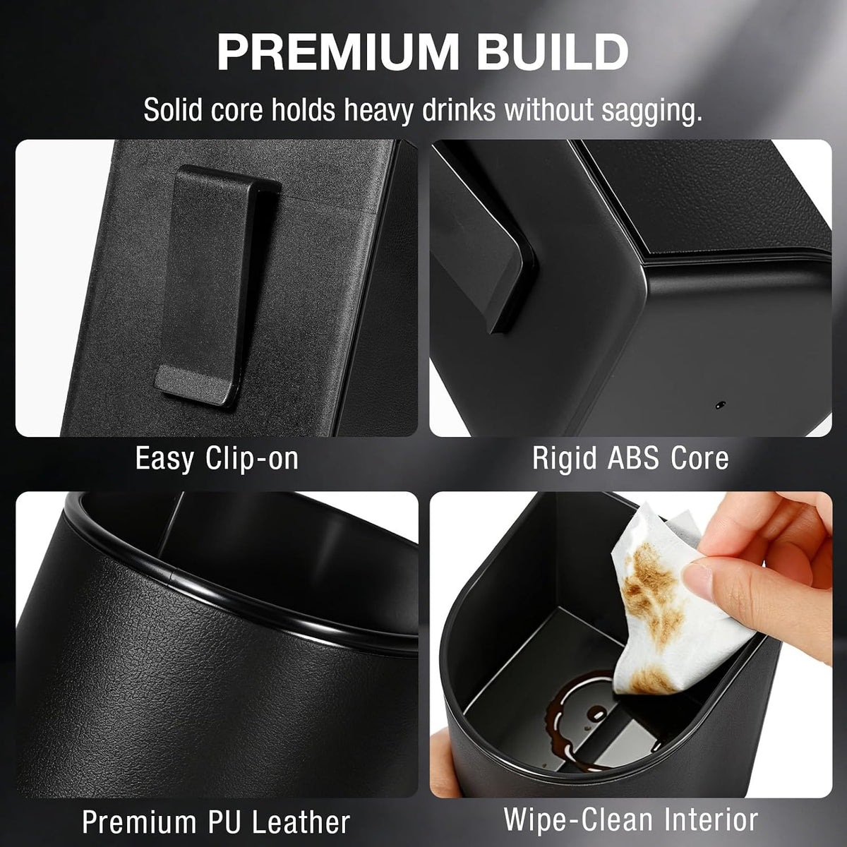 Car Door Cup Holder Sag-Free, Rigid Clip-On Extra Cup Holder for Car Backseat & Headrest, Fits 12-30oz Tumblers, Leather-Wrapped Car Cup Organizer for Sedans & EVs