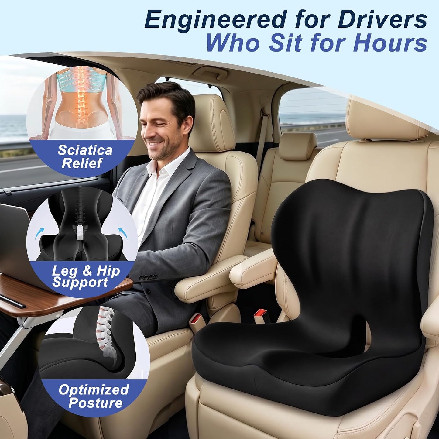 Seat Cushion for Office Chair and Car, Ergonomic Memory Foam Seat Cushion with Lumbar Support Pillow, Orthopedic Cushion for Sciatica & Back Pain, Black