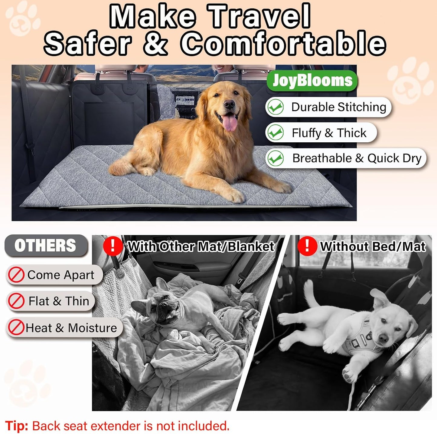 JoyBlooms Dog Bed for Car Back Seat, Dog Cooling Mat with 1.1in/2.8cm Thick Foam, Cooling Anti-Slip Washable Back Seat Pet Bed, 51.6in x 22.6in Fit on Backseat Extenders of SUVs and Small Trucks,Gray