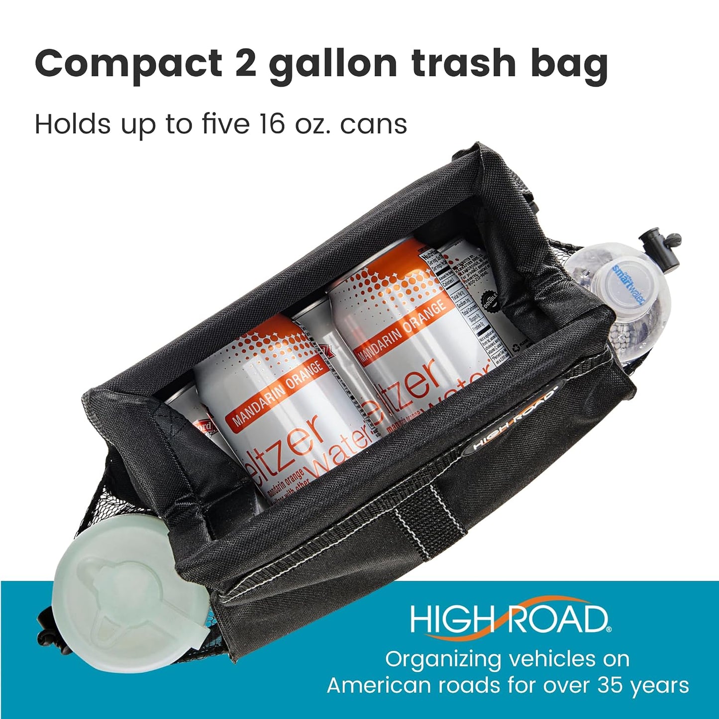 High Road Car Organizer with Car Trash Bag and Tissue Holder - Holds Full Size Tissue Box, Bottles and Wipe Containers - 2 Gal Leakproof Covered Car Trash Can with Push-Close Lid