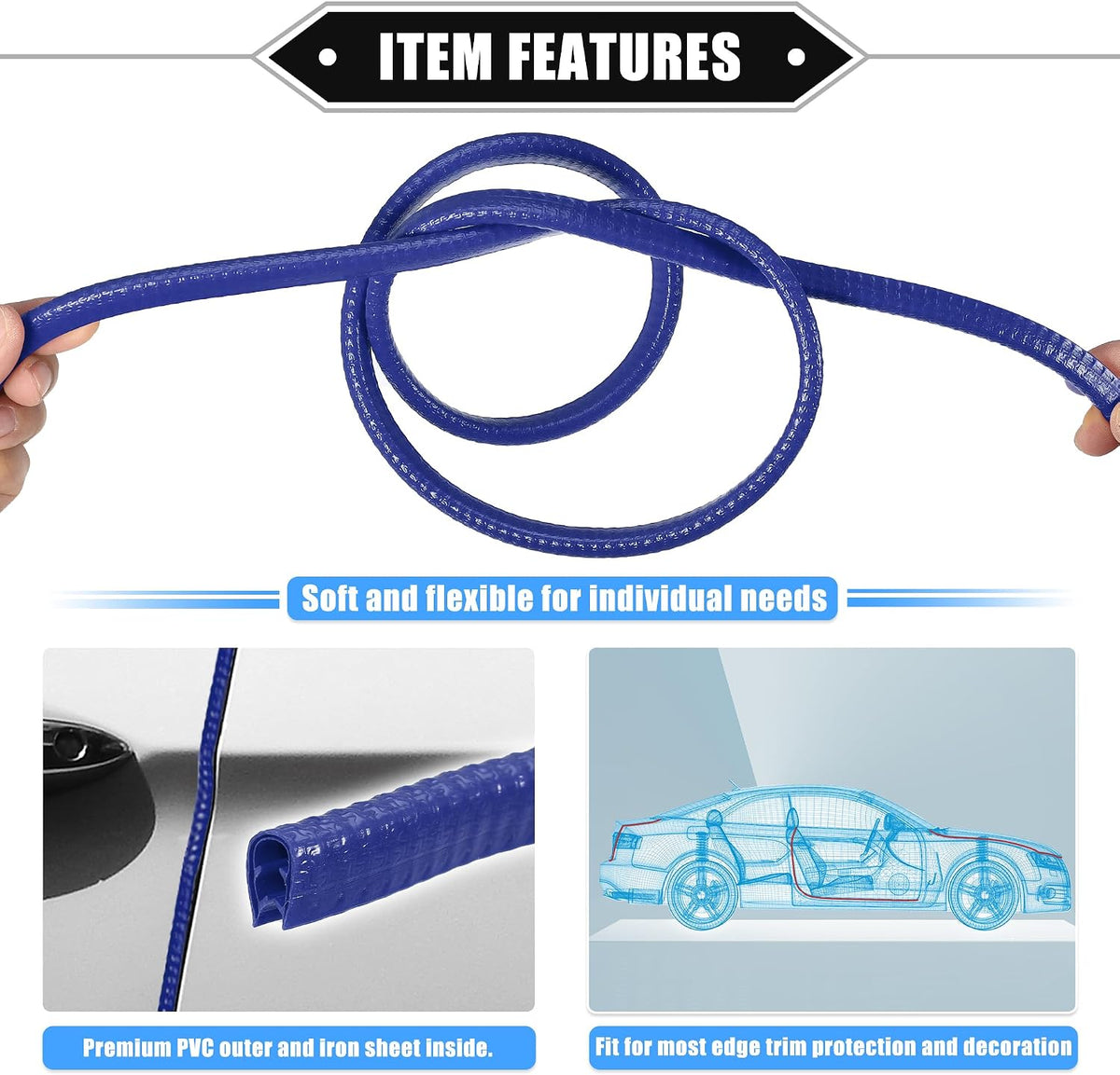 16.4ft U Shape Rubber Edge Trim Seal Strip for Car Truck Blue