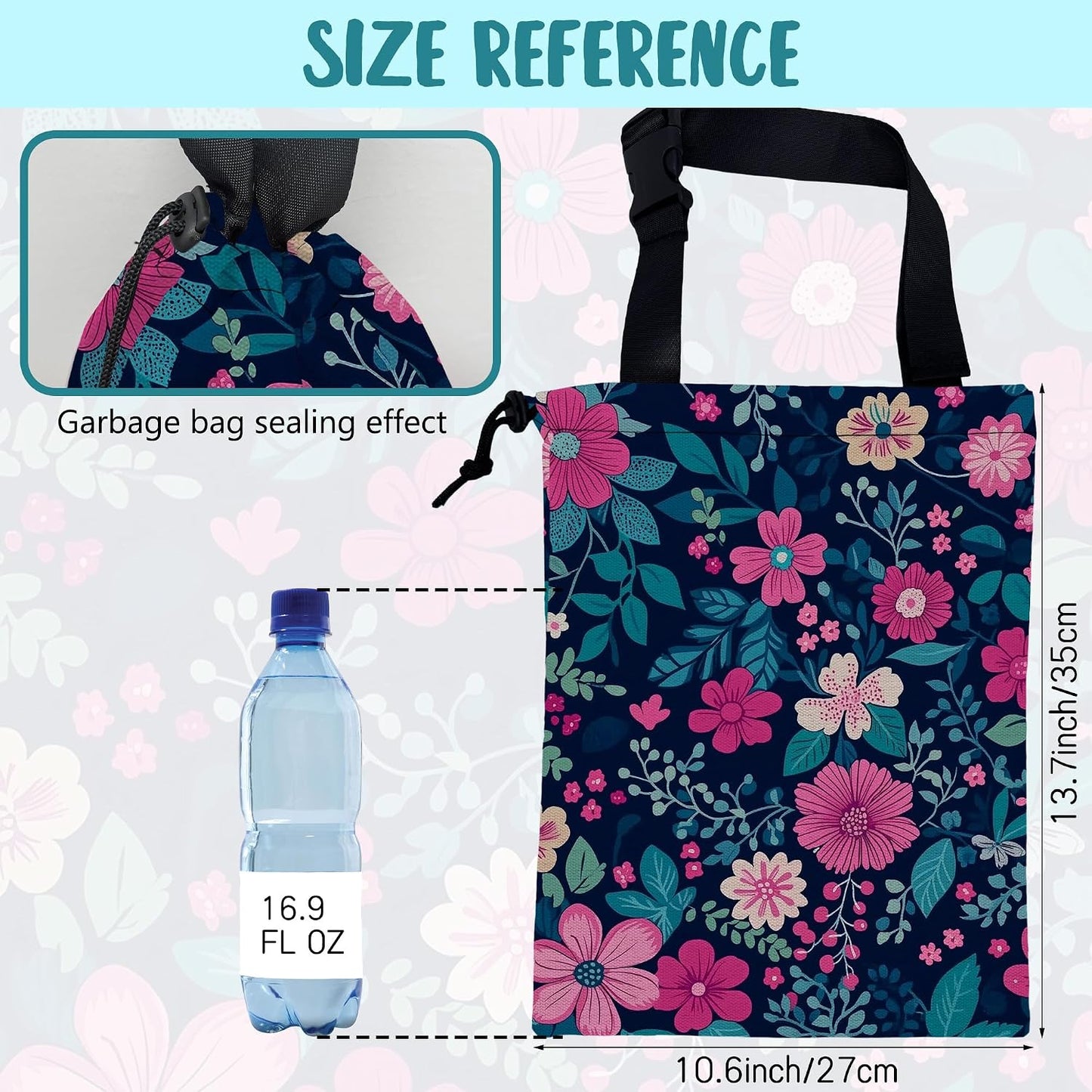 Car Trash Bag Watercolor Floral and Green Leaves Leak-Proof Car Garbage Bag with Drawstring Foldable Canvas Trash Bin with Adjustable Buckle for Car Accessories