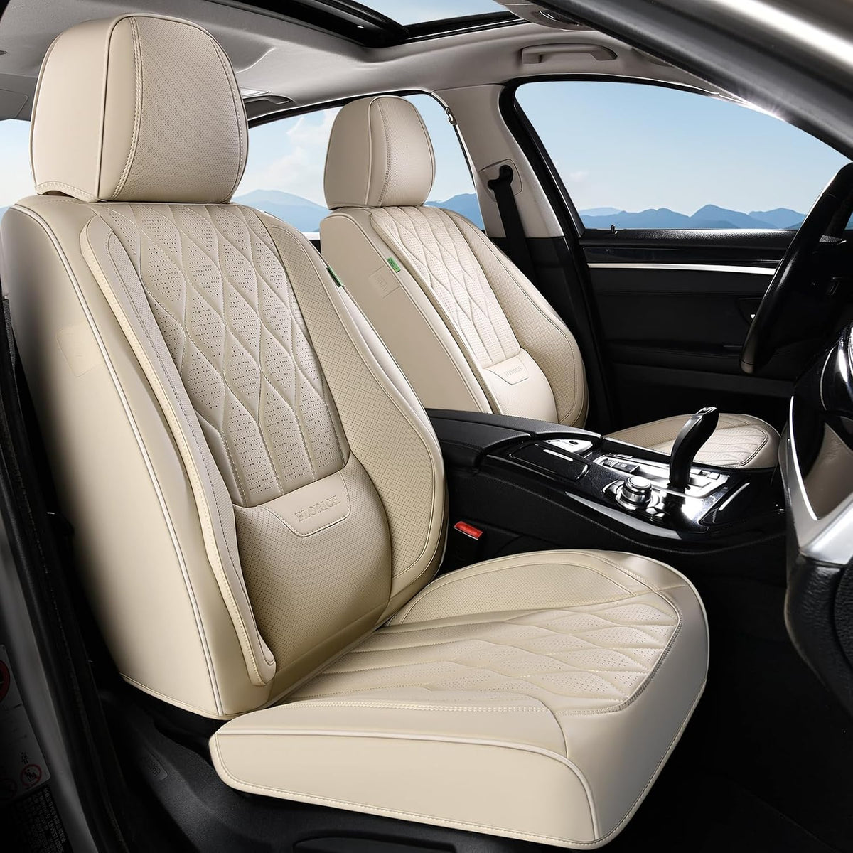 FLORICH Automotive Seat Covers Front Seats Leather Car Seat Covers with Lumbar Support Front Seat Covers Waterproof Car Seat Cushion Protectors Universal Fit for Most Cars Sedans Trucks SUV, Beige