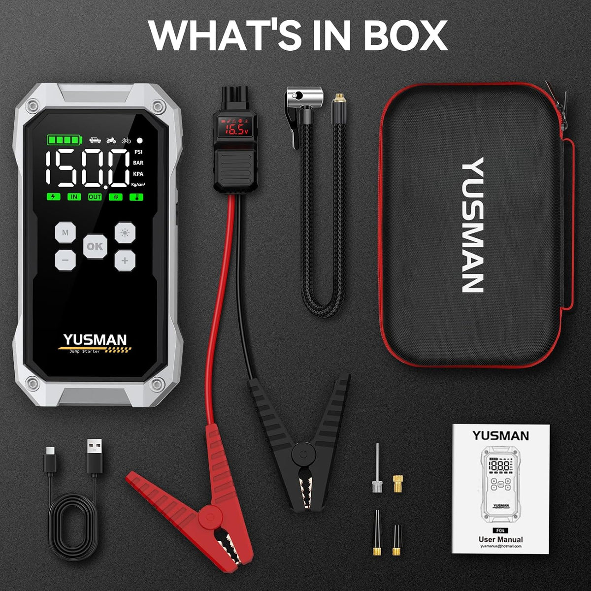 YUSMAN Jump Starter with Air Compressor, 9000A 160PSI Battery Booster Pack