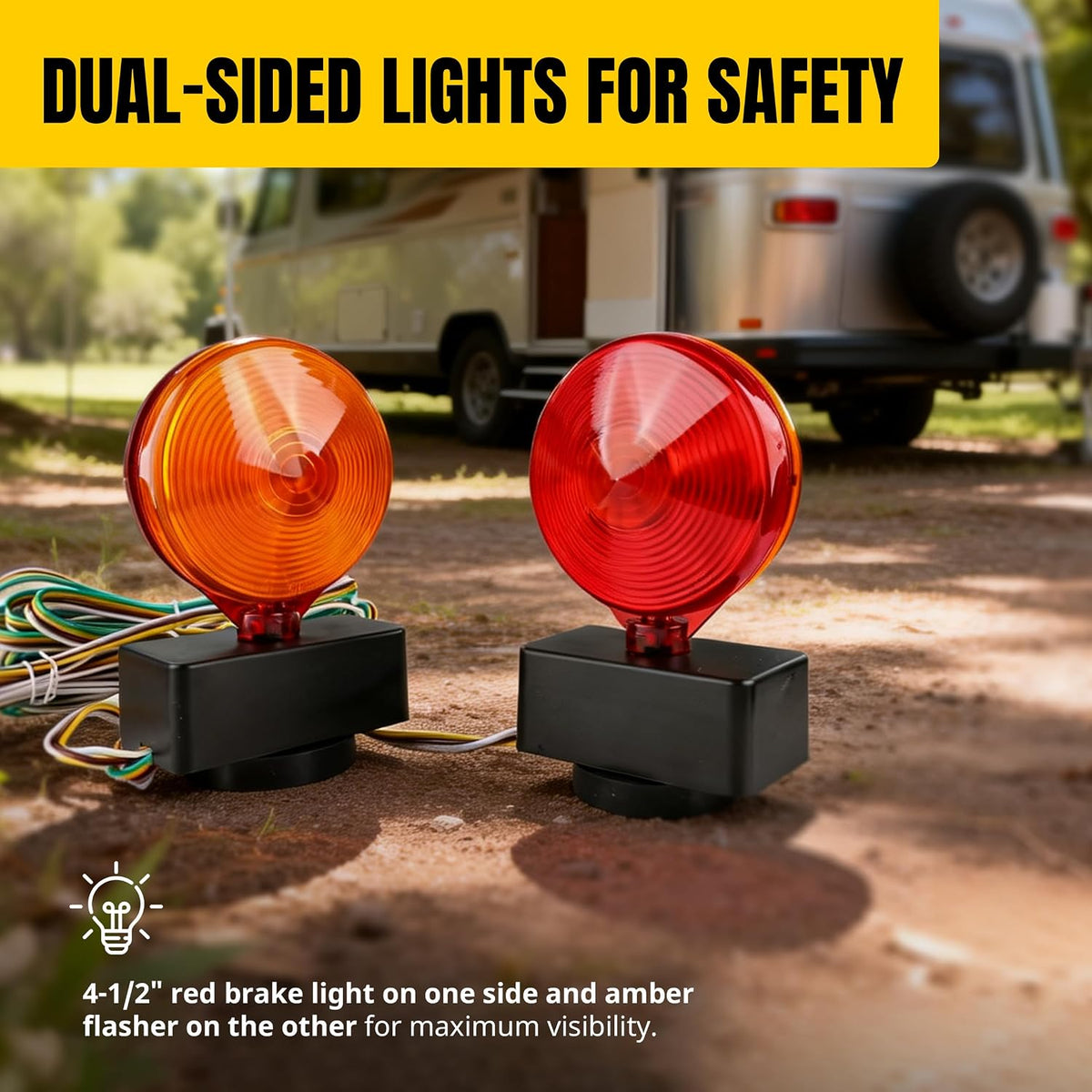 MAXXHAUL 12V Magnetic Towing Light Kit – Dual Sided Red Brake & Amber Flasher – For RVs, Utility Trailers, Boat Trailers, Flatbeds and More (80778)