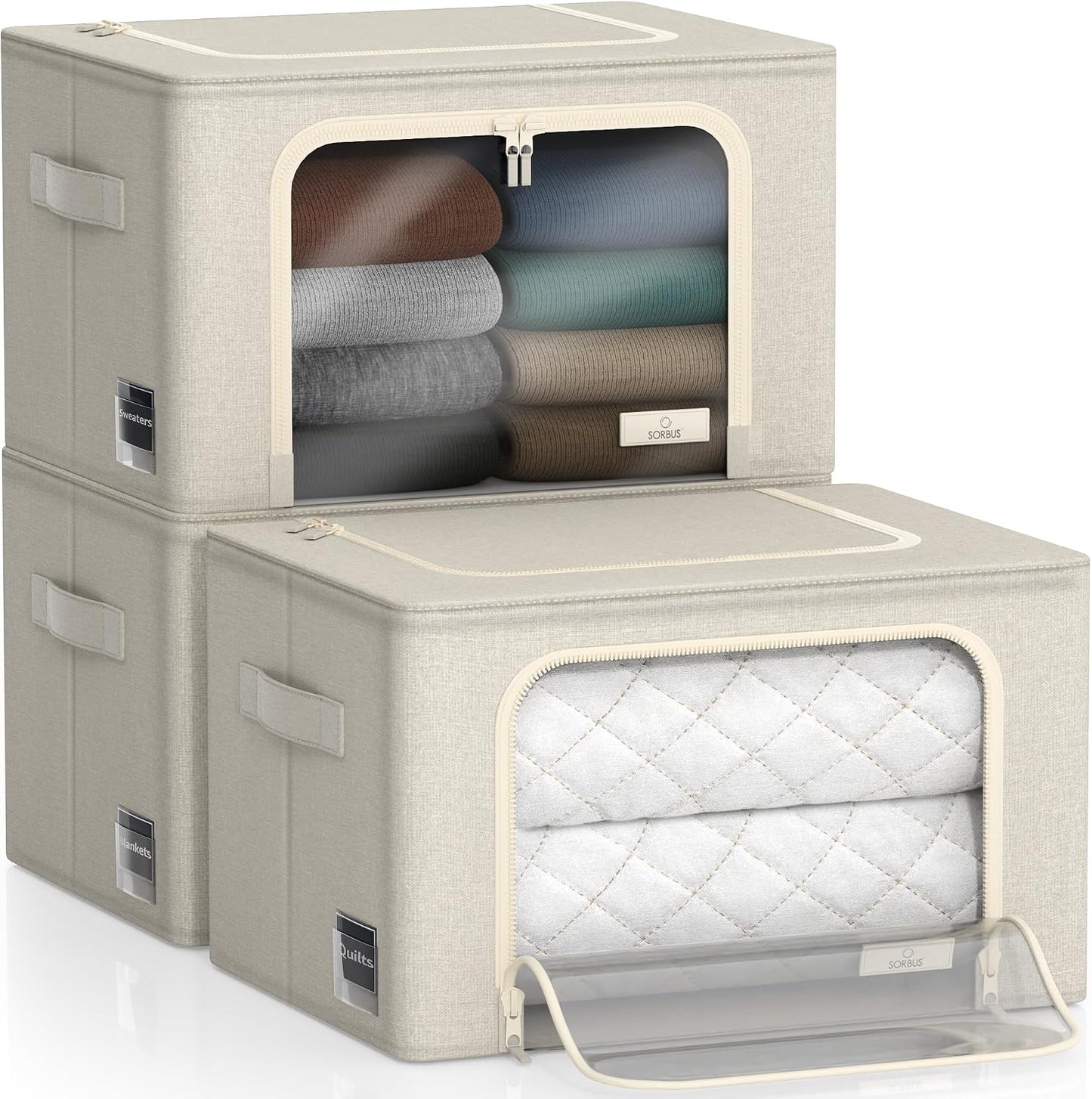 Sorbus Storage Bins with Metal Frame - Stackable & Foldable Clothes Organizer Bags - Oxford Fabric Storage Containers with Large Clear Window & Carry Handles Organization for Bedding Linen & Clothing