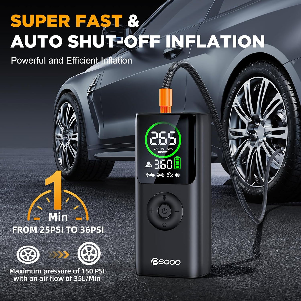 Jump Starter with Air Compressor, 8000A Car Battery Jumper Starter with 150 PSI Tire Inflator Portable, LED Display for 12L Diesel All Cars Engines, Jumper Cables and Light