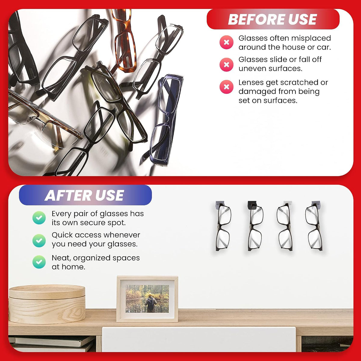 Glasses Keep Sunglass Organizer, Wall Mounted Eyeglass Holder, 8 Pack