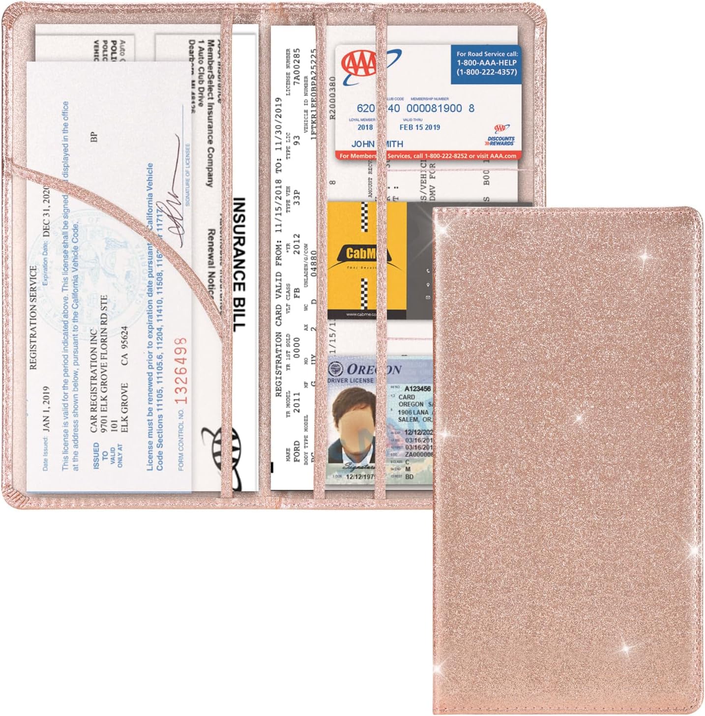Cacturism Car Registration and Insurance Holder, Car Accessories Vehicle Glove Box Car Organizer Men Women Wallet Case with Magnetic Shut for Cards, Essential Document, Driver License, Bling Rose Gold