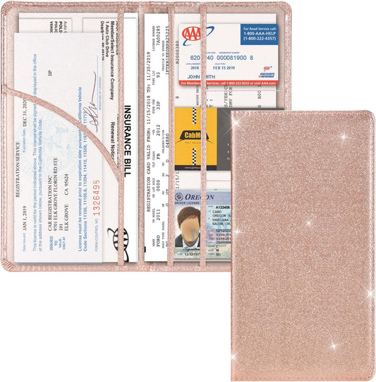 Cacturism Car Registration and Insurance Holder, Car Accessories Vehicle Glove Box Car Organizer Men Women Wallet Case with Magnetic Shut for Cards, Essential Document, Driver License, Bling Rose Gold
