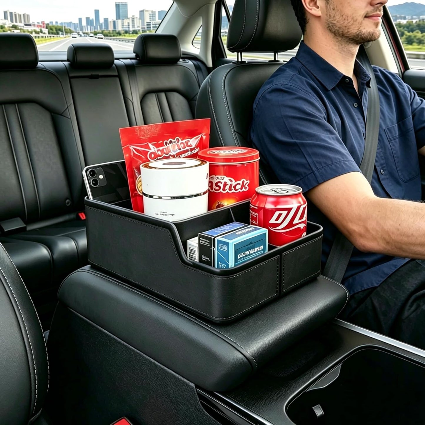 Car Storage Organizer Between Seats,Center Console Armrest Storage Box Back Seat Organizer with Small Compartment Car Interior Storage Box,Cup Holder Tray with Non-slip Mat(Black)
