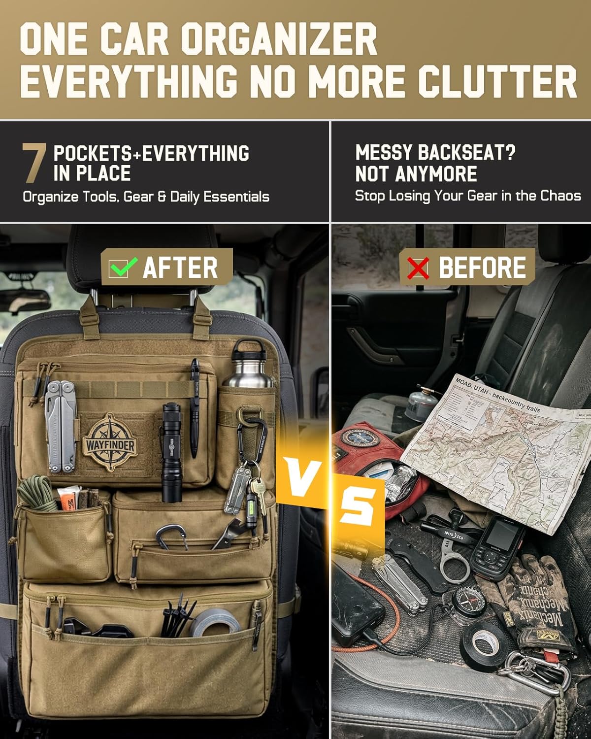 All in One Car Seat Back Organizer Fit Most Cars SUV Trucks Jeeps | Heavy Duty Molle Panel Seat Back Protector with Multi-Pockets Storage, for Tools, Toys, Camping, Travel, Daily Commuting