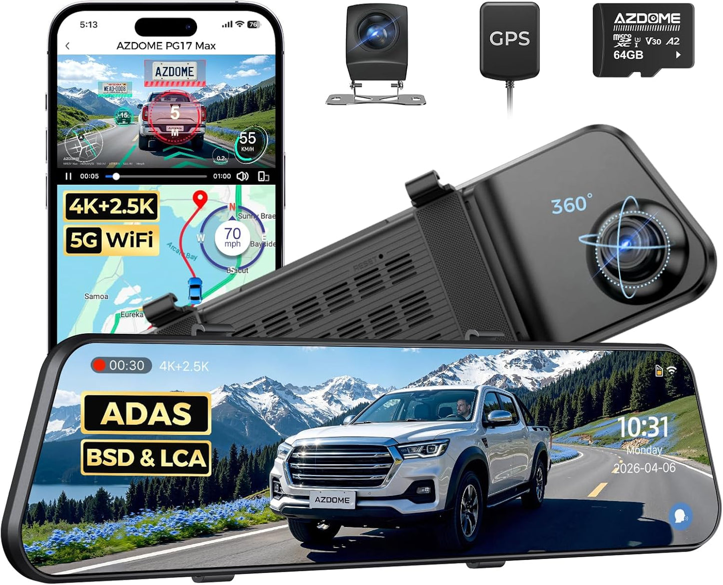 AZDOME 4K+2.5K Mirror Dash Cam with AR effects, ADAS, BSD & LCA Rear View Mirror Camera, 12" Rearview Mirror Camera, 5.8GHz WiFi, Voice Control, GPS, backup camera mirror Includes 64GB Card (PG17 Max)