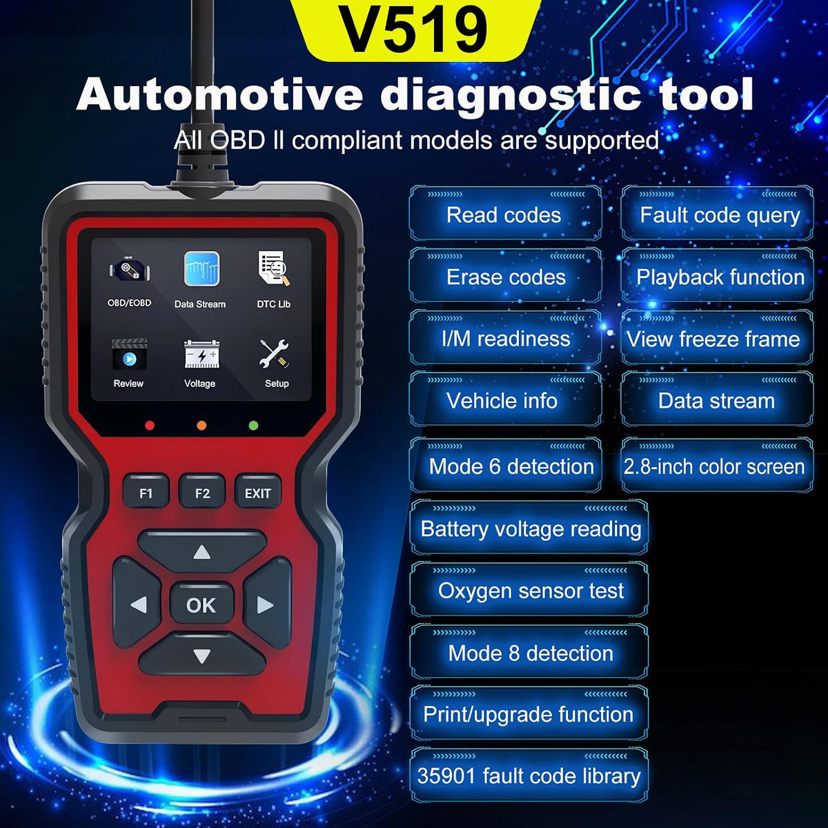 Yourkar OBD2 Scanner Diagnostic Tool, Code Reader OBD II Scanner with Reset & Live Data, Professional Check Engine Fault Code Reader I/M Readiness for OBD2 Cars, Car Accessories