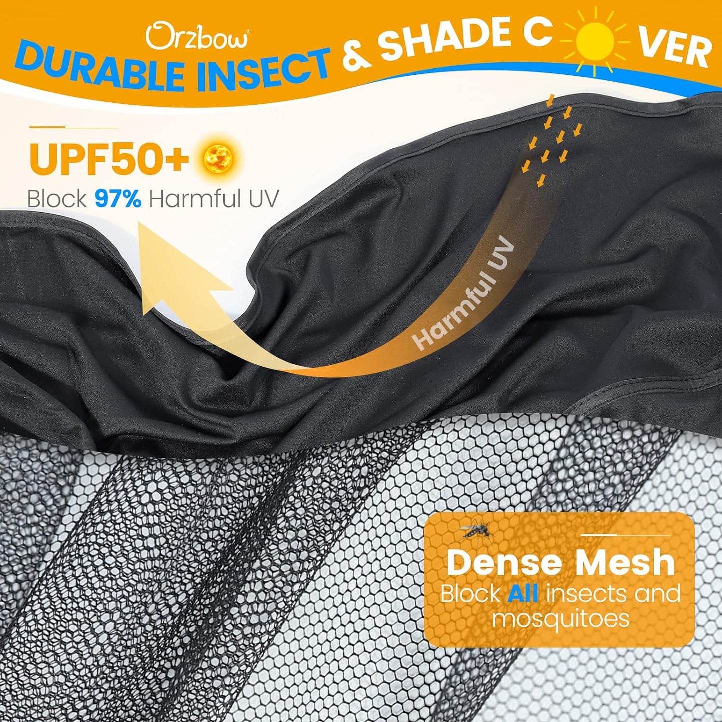 Orzbow Baby Mosquito Net for Stroller with Sun Shade, Breathable, Black | Tear-Resistant Mesh, Insect Barrier w/Travel Bag for Stroller, Car Seat, Bassinet, Cradle, Mini Cribs, Baby Summer Essential