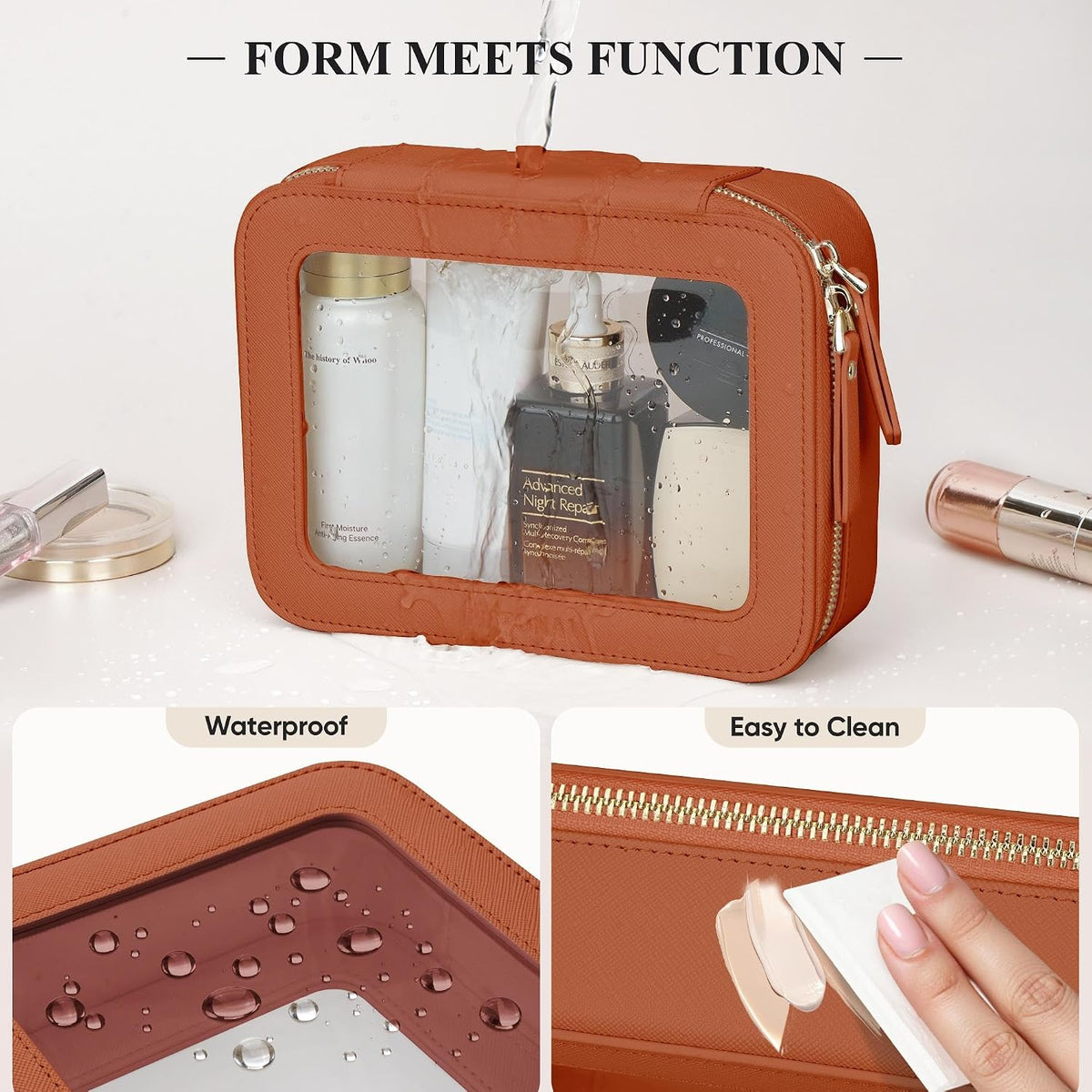 Brown Clear Makeup Bag for Fall, Cosmetic Make Up Pouch, Medium