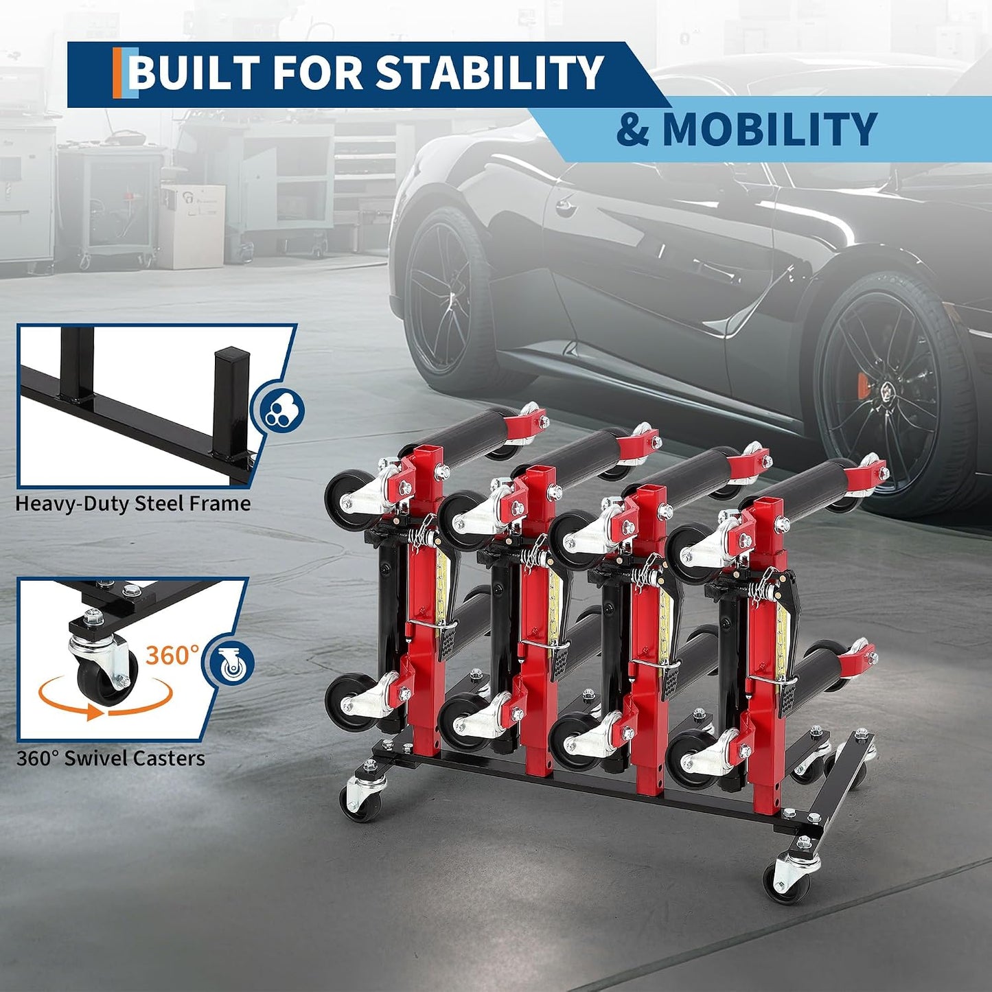 Heavy-Duty Car Dolly Storage Rack with 360° Swivel Casters, 4-Wheel Dolly Holder for Universal Fit, Jack Stand Organizer for Garage and Auto Shop, Durable Workshop Solution