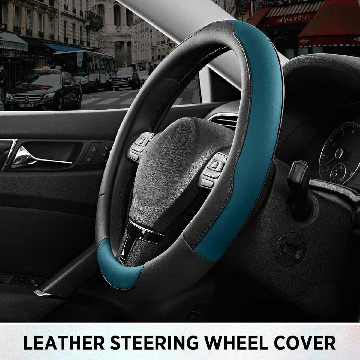 Road Comforts Steering Wheel Cover, Breathable Anti-Slip Leather Steering Wheel Cover, Universal Fit 14.5–15 Inch, Comfortable Grip - Blue Color