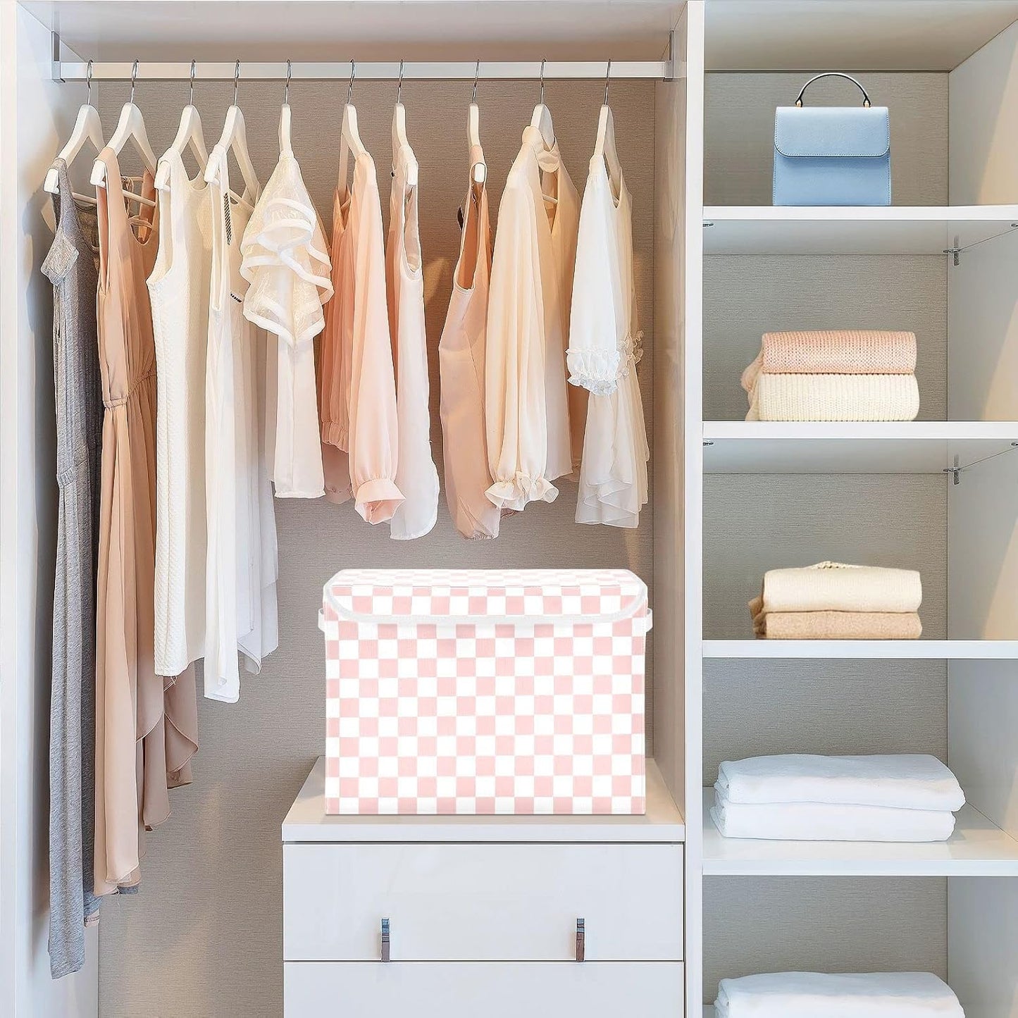 CaTaKu Large Fabric Storage Bins With Lids,Pink Checkered Racing Storage Boxes With Handles for Organizing Clothes, Collapsible Storage Cube Bins Baskets for Shelves