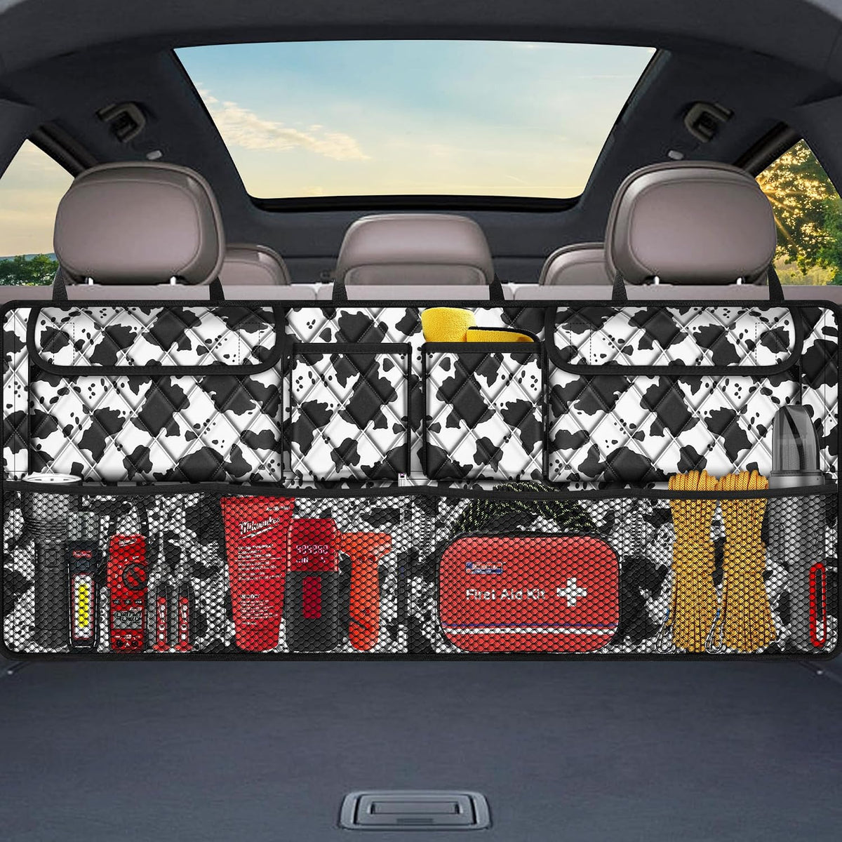 Femuar Car Trunk Organizer,Large Capacity Backseat Trunk Organizer(42"*18"),Collapsible Car Storage Bag with 8 Pocekt,SUV/MPV/Truck - Cow print