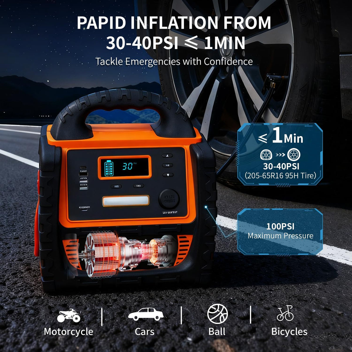 2400A Car Battery Jump Starter and Portable Power Station – Starts 8.0L Gas & 8.0L Diesel – 6-in-1 Jump Starter with Air Compressor 100 PSI Tire Inflator – 400 Watt Inverter AC/DC/USB Outlets