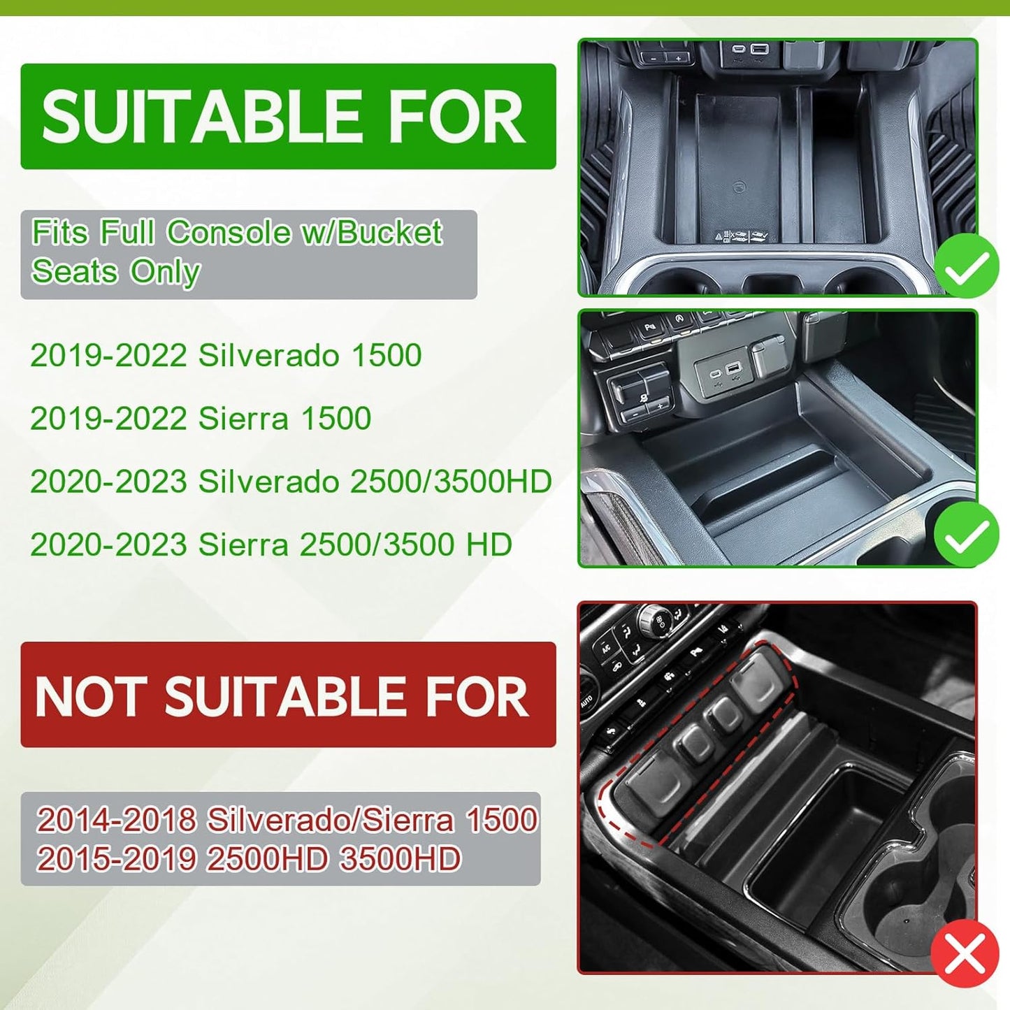 HGWEI Center Console Hidden Compartment Organizer Compatible with (2019-2022) Chevy Silverado/GMC Sierra 1500 and (2020-2023) 2500HD/3500HD Accessories Armrest Storage Tray - Full w/Bucket Seats ONLY
