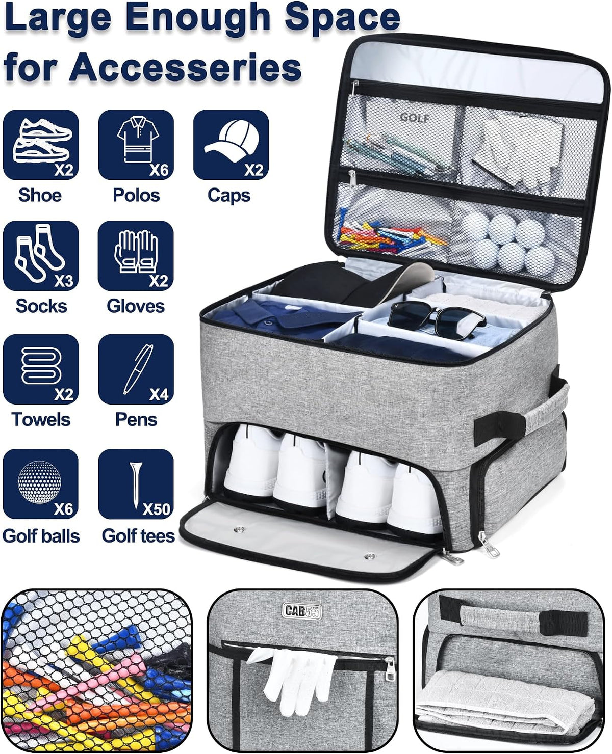 CAB55 Golf Trunk Organizer with 4 Wheels, 2 Layer Waterproof Car Golf Organizer with Separate Ventilated Compartment for 2 Pair Shoes, Golf Trunk Storage for Clothes, Accessories, Golf Gifts