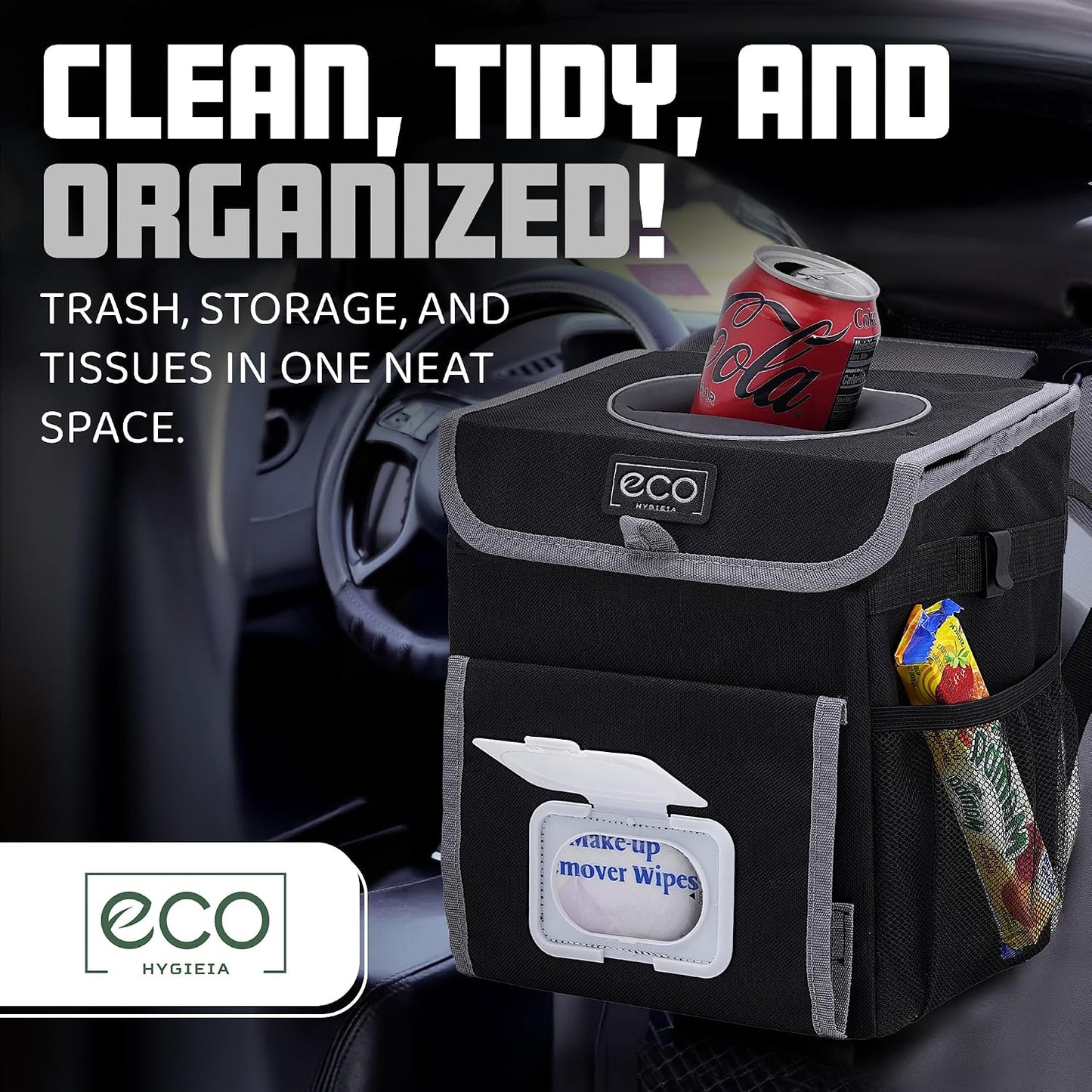 Eco Hygieia Leakproof Car Trash Can - Portable Hanging Car Garbage Can with Adjustable Elastic Strap, Wipes &amp; Tissue Box Holder, Spillproof Opening, Mesh Pockets, Waterproof Lining
