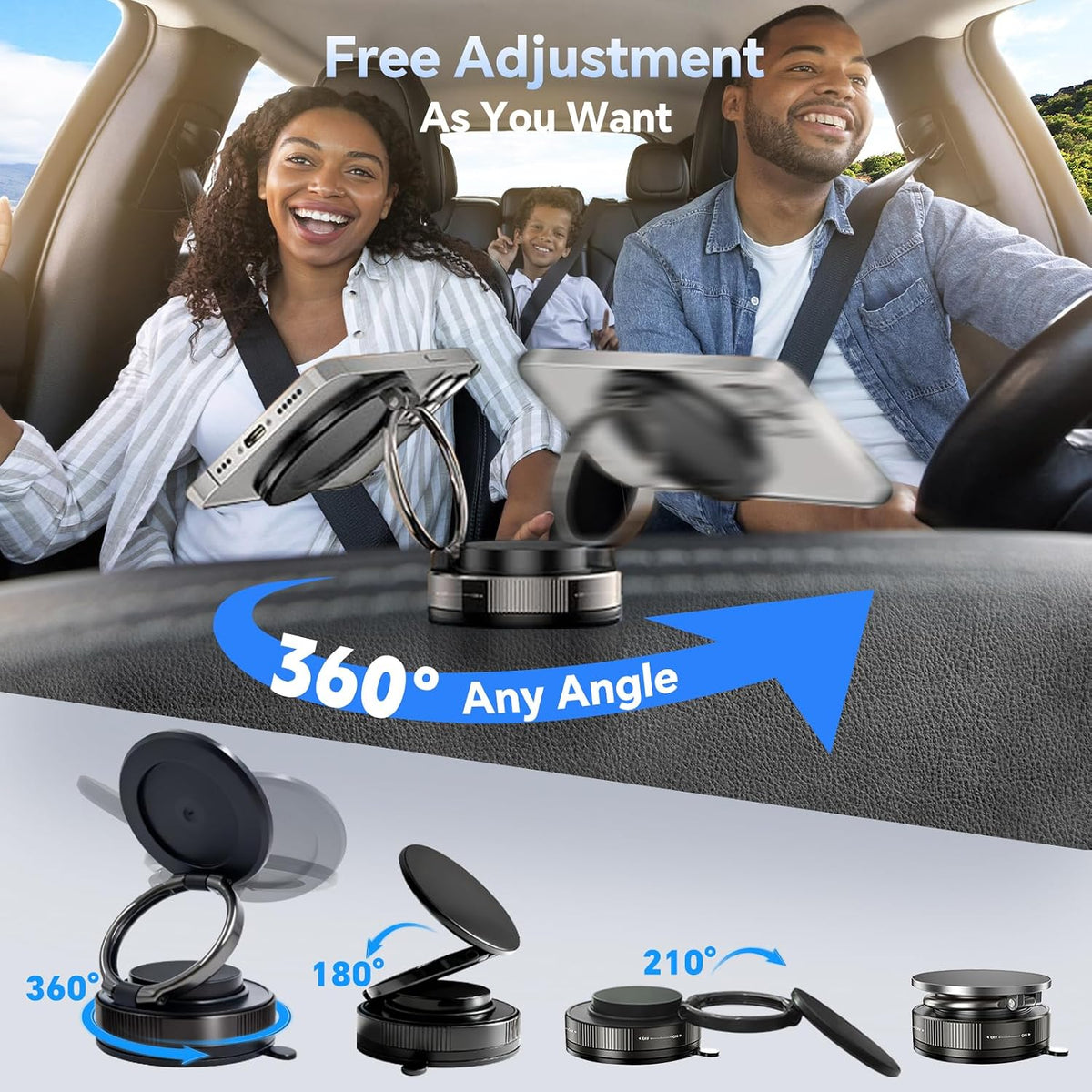 Vacuum Magnetic Car Phone Mount, Twist‑Lock Suction Cup Phone Holder with 3‑Axis Foldable Arm, MagSafe Compatible, 360° Adjustable for Dashboard Windshield Gym Desk, for iPhone & Android