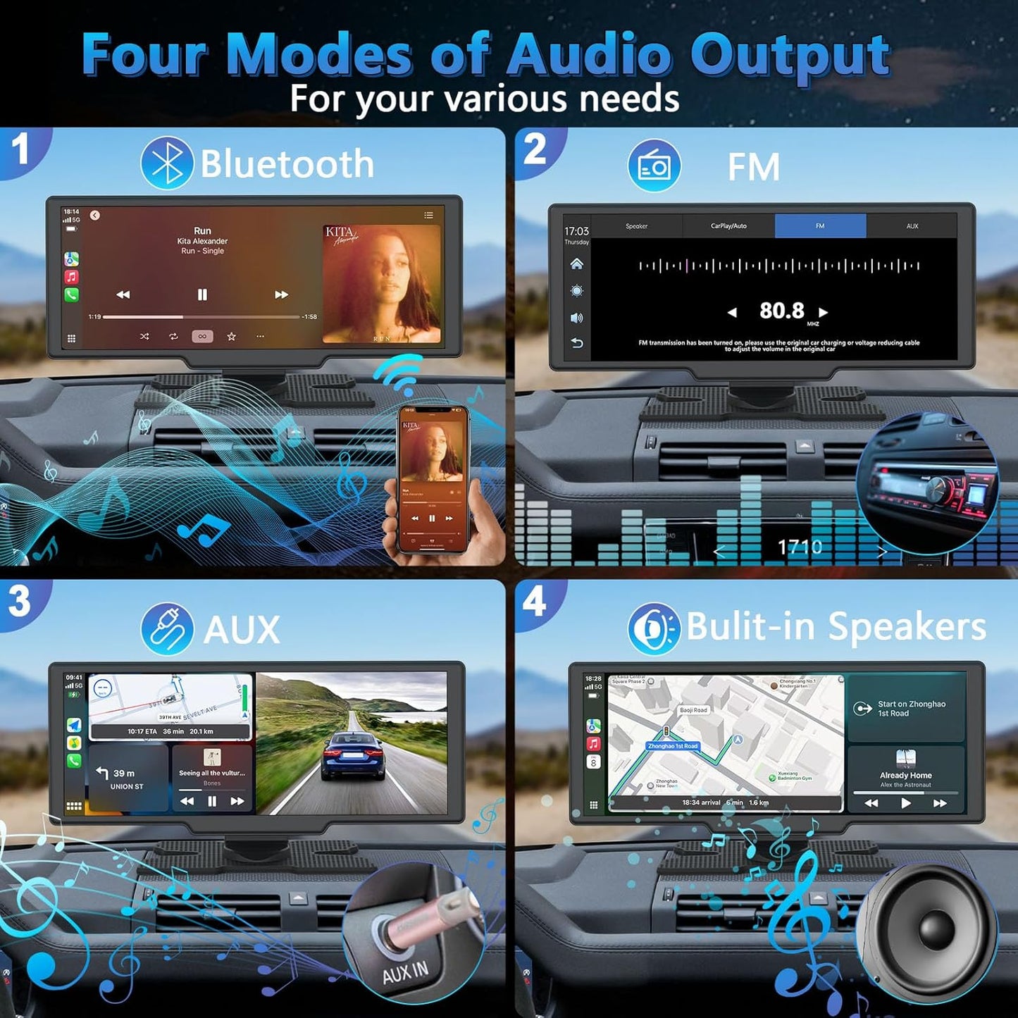 Portable Wireless Carplay Screen with Dashcam - Lehwey 10.26 Inch Car Play Tablet with 4K Front Dash Cam & 1080P Rearview Backup Camera, Bluetooth 5.0, FM, Voice Assistant, with 64GB TF Card