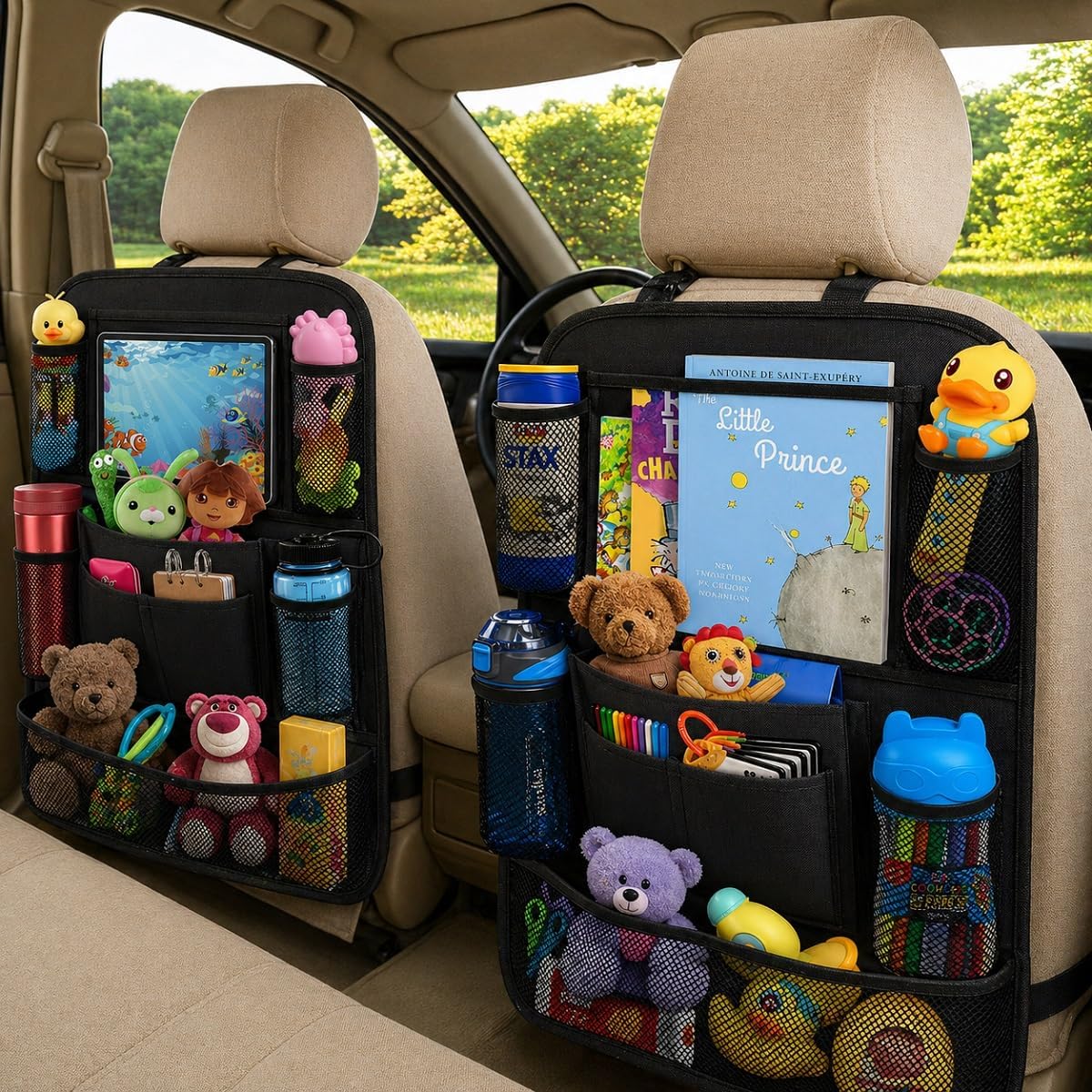 ULEEKA Car Backseat Organizer with 10" Table Holder, 9 Storage Pockets Seat Back Protectors Kick Mats for Kids Toddlers, Travel Accessories, 2 Pack