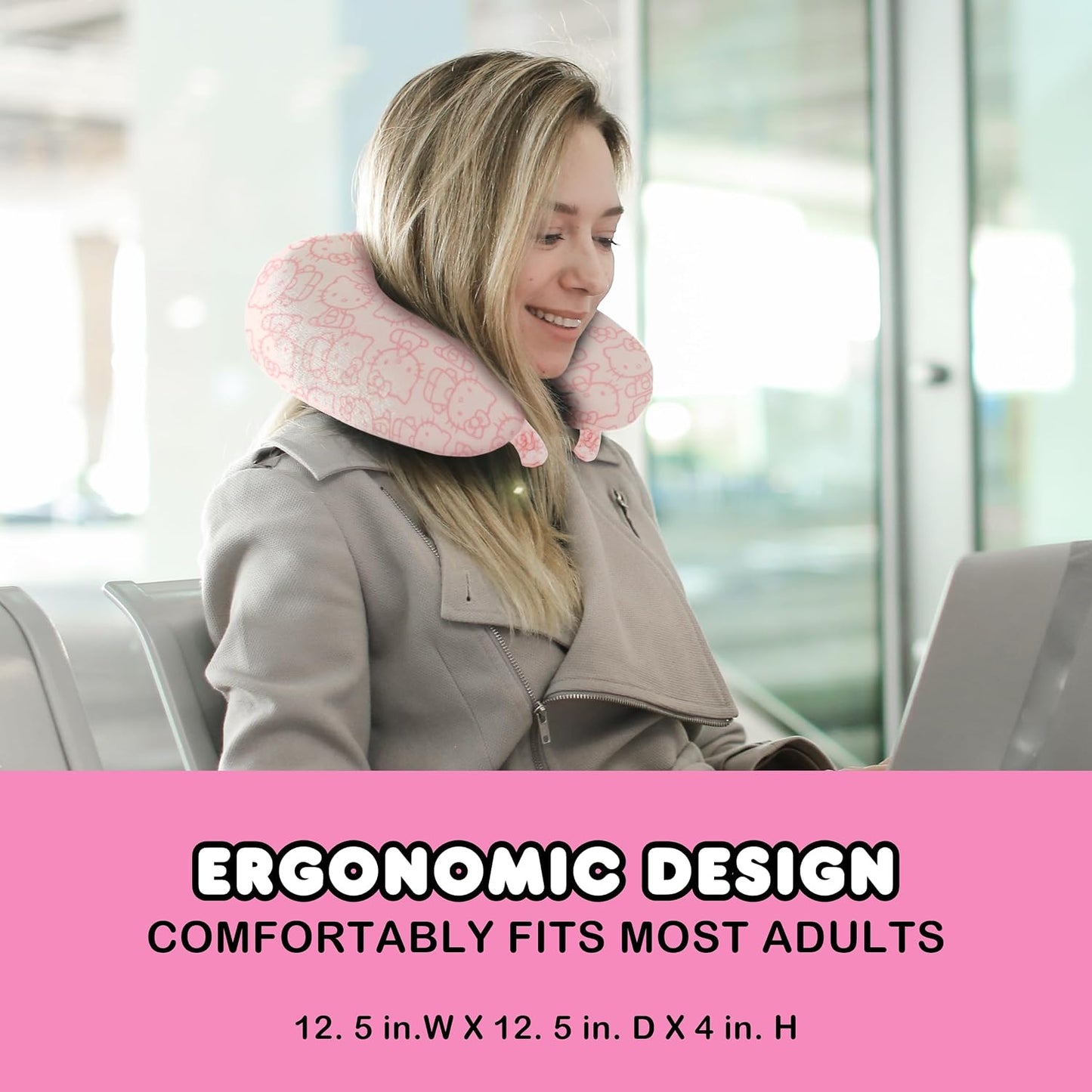 FUL Hello Kitty Neck Pillow, All Over Print Memory Foam Travel Accessories for Airplane, Car and Office, Comfortable and Breathable, Pink
