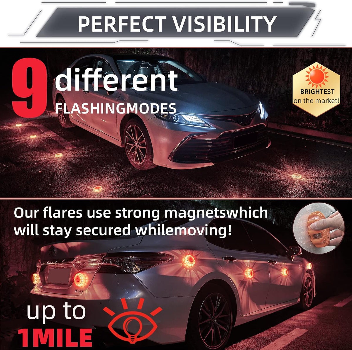12 Pack LED Road Flares, Type-C Rechargeable Magnetic Safety Kit